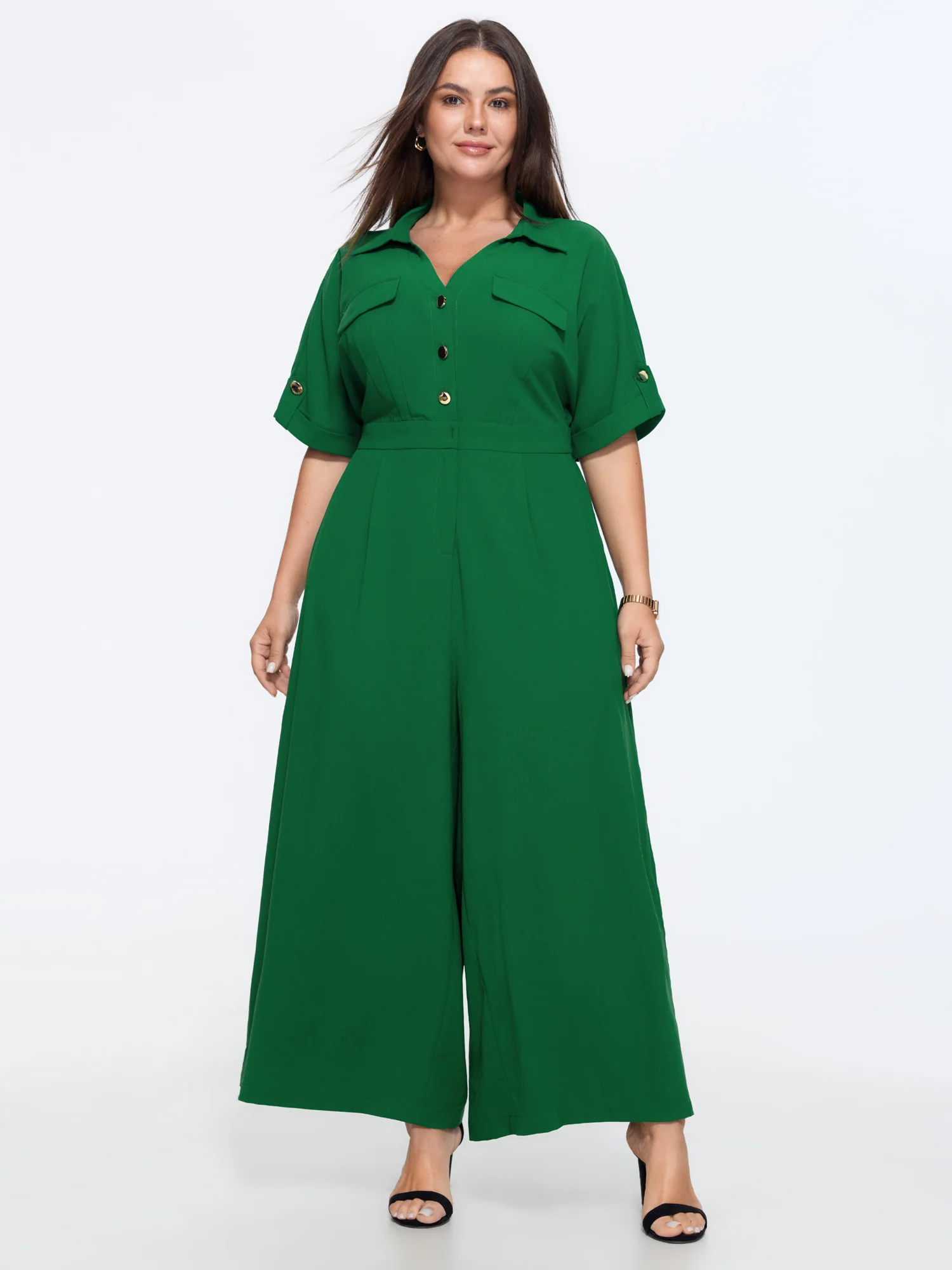 Button Placket Pockets Wide-Leg Jumpsuit