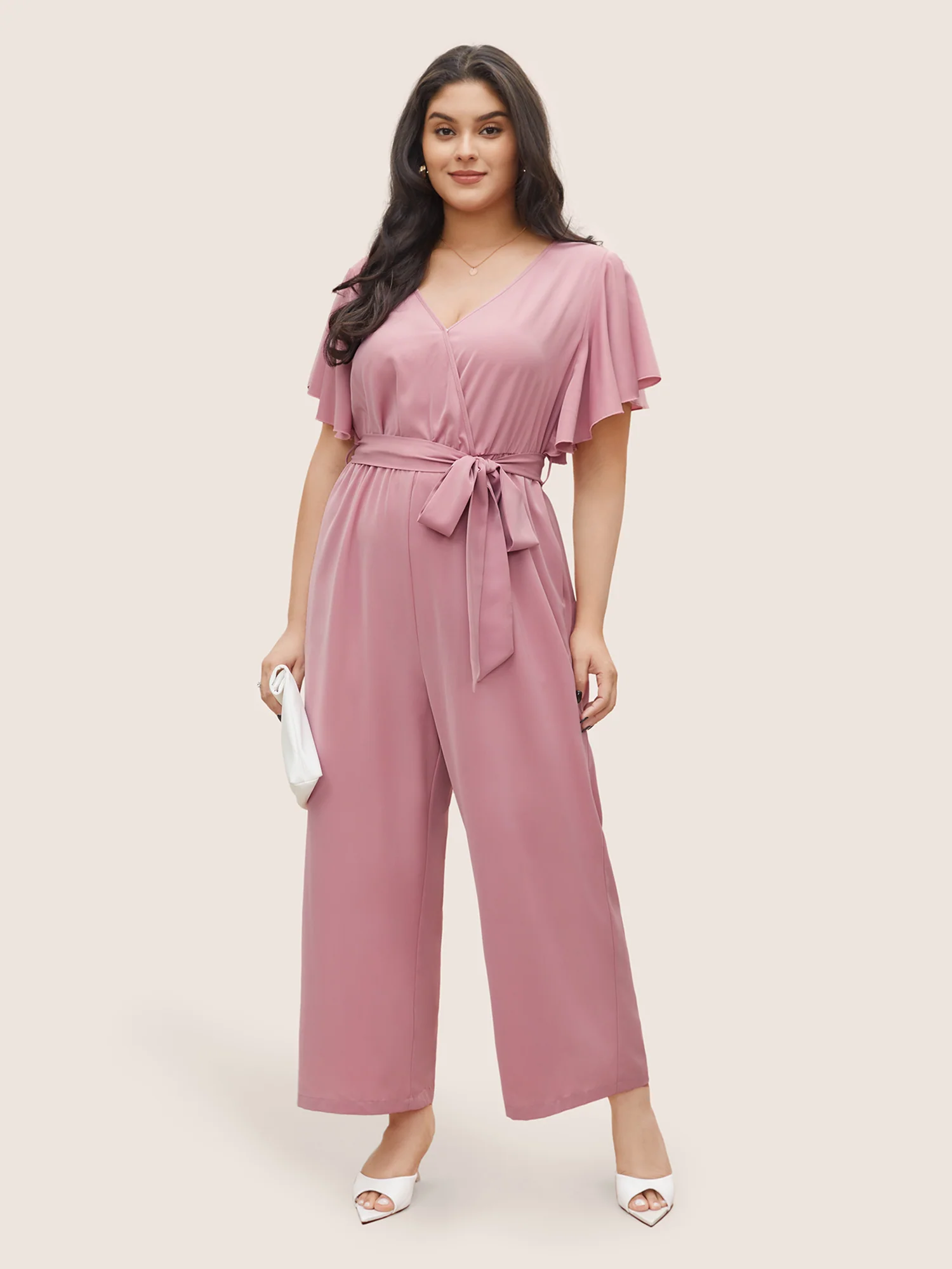 Anti-Wrinkle Plain Belted Flutter Sleeve Zipper Jumpsuit