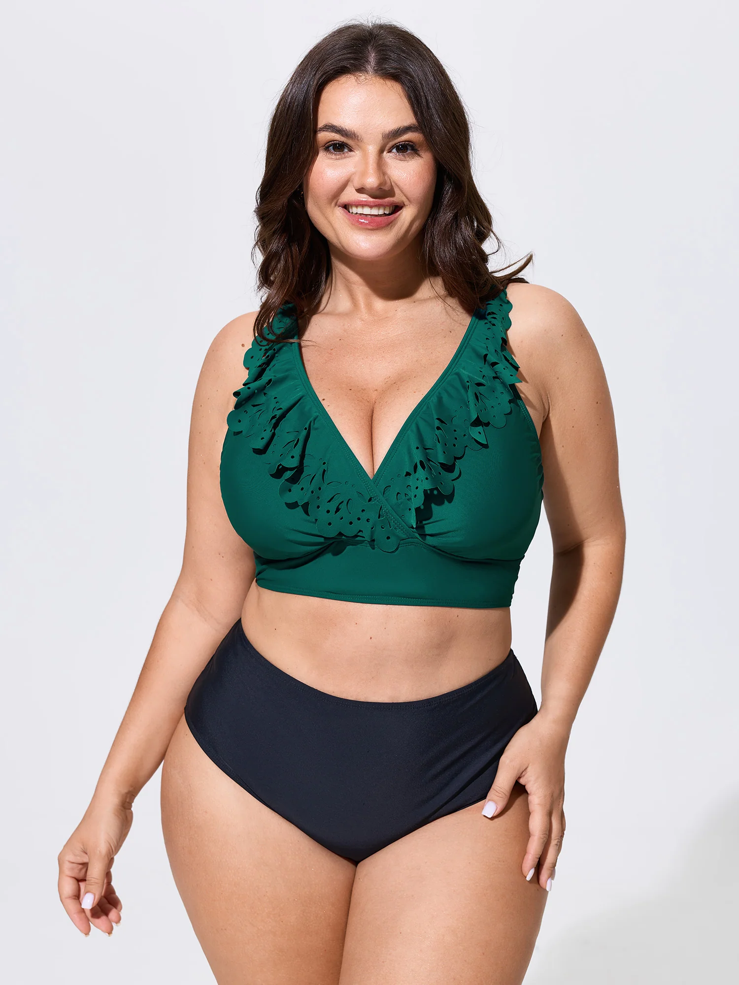 Laser Cut Floral Ruffled Neckline Swim Top