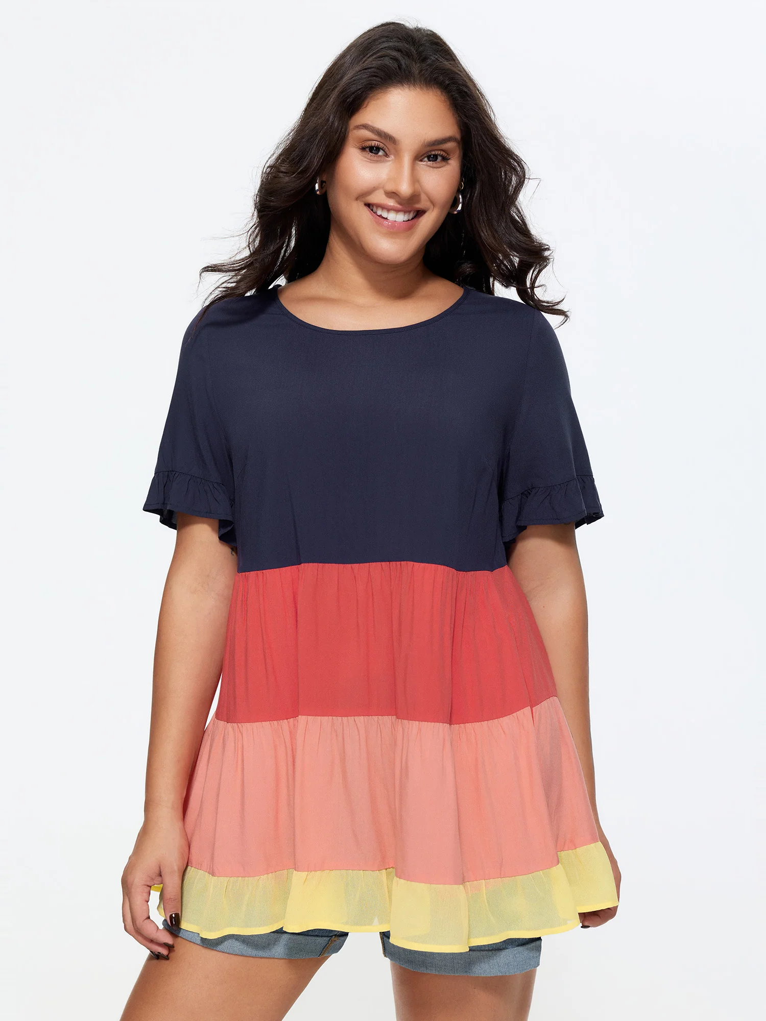 Colorblock Tiered Round Neck Top