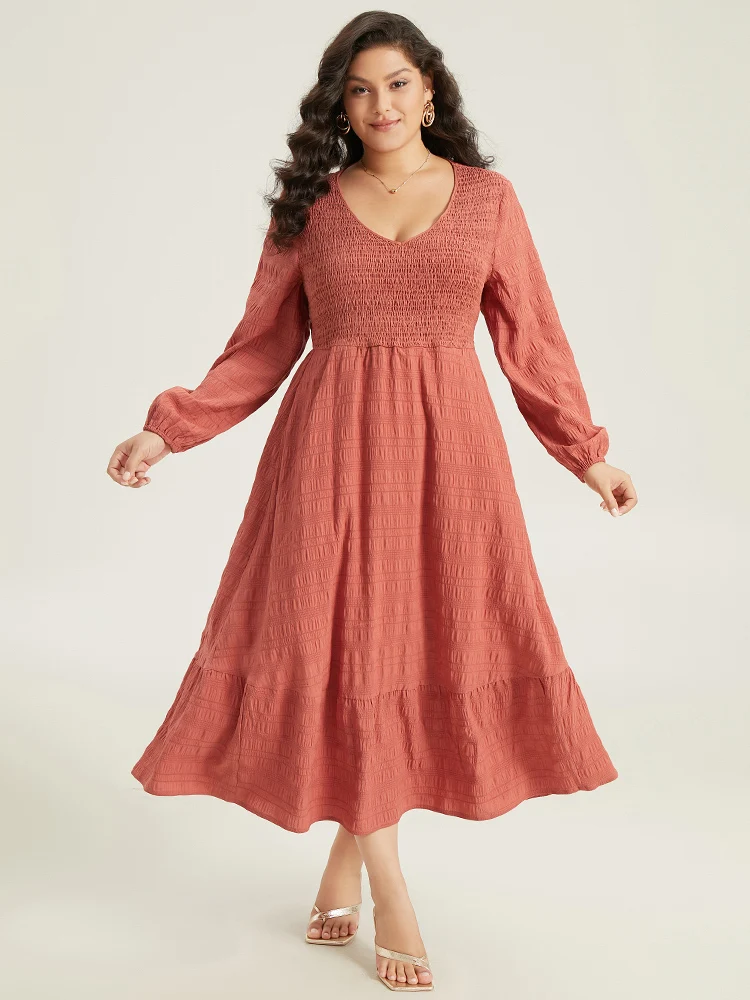 Solid Shirred Plisse Flutter Hem Dress