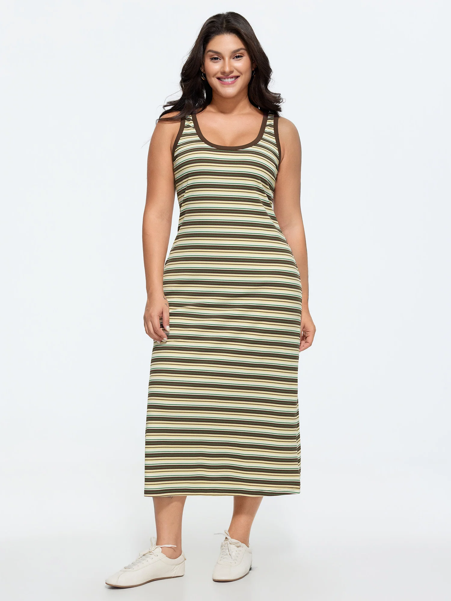 Striped Print Ribbed Scoop Neck Midi Dress