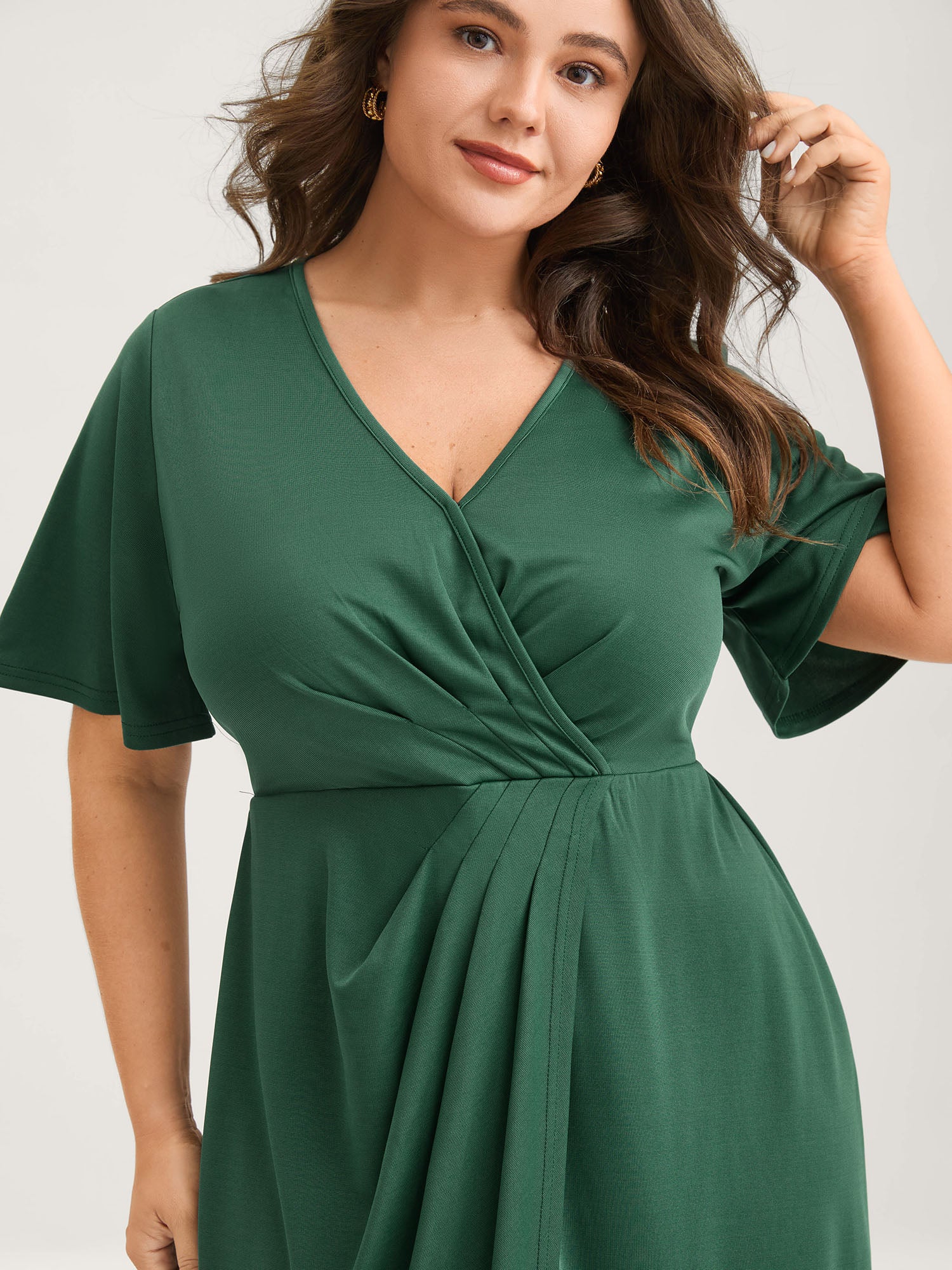 Wrap Gathered Solid Surplice Midi Dress