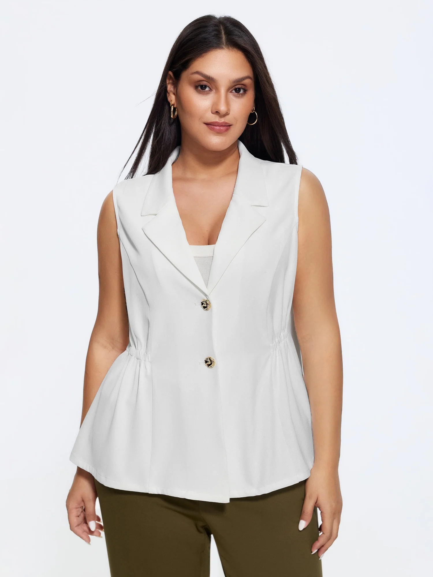 Solid Suit Collar Ruched Waist Blazer Vest