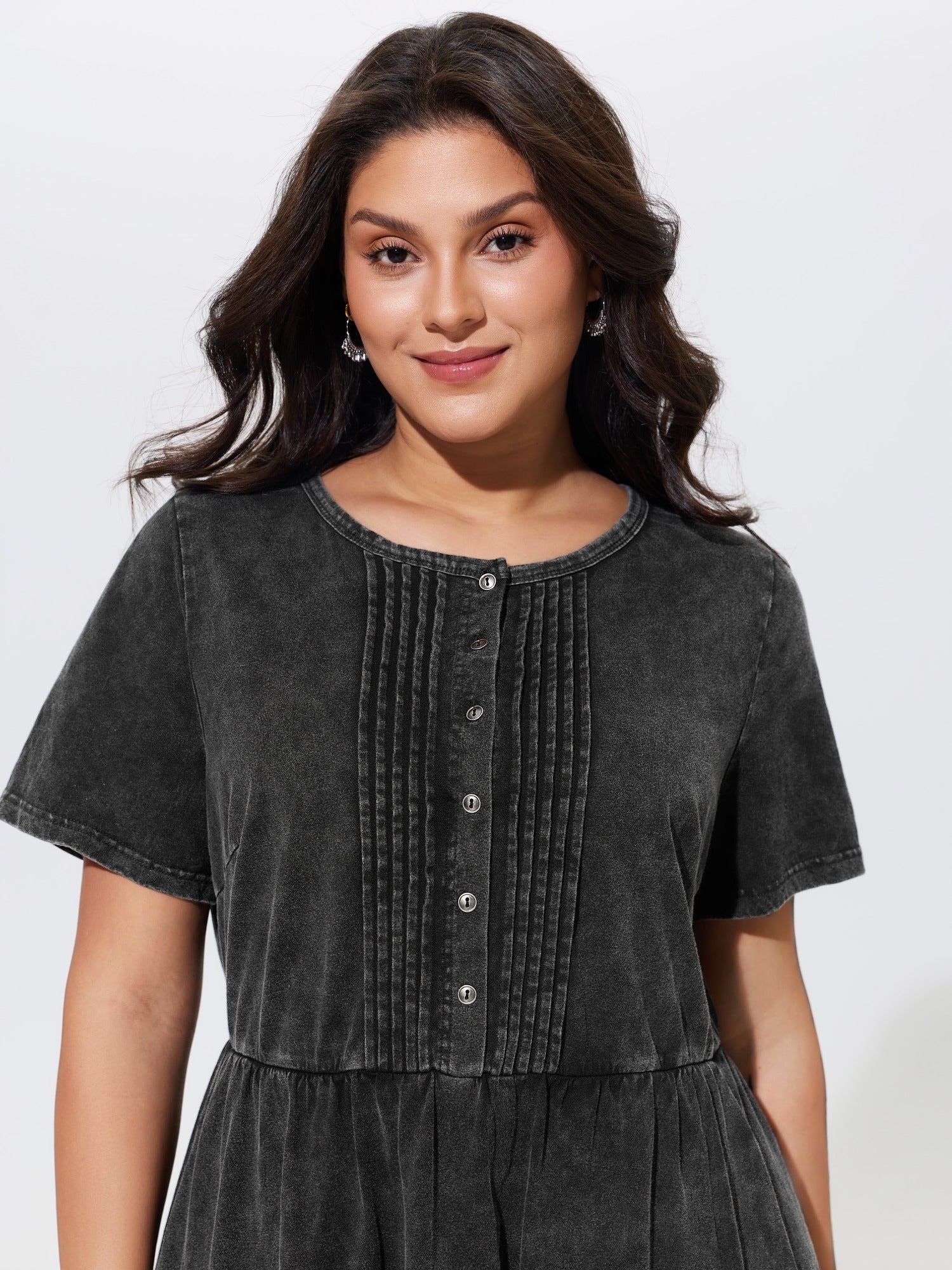 Cotton Vintage Washed Pleated Partial Button Tiered Mini Dress