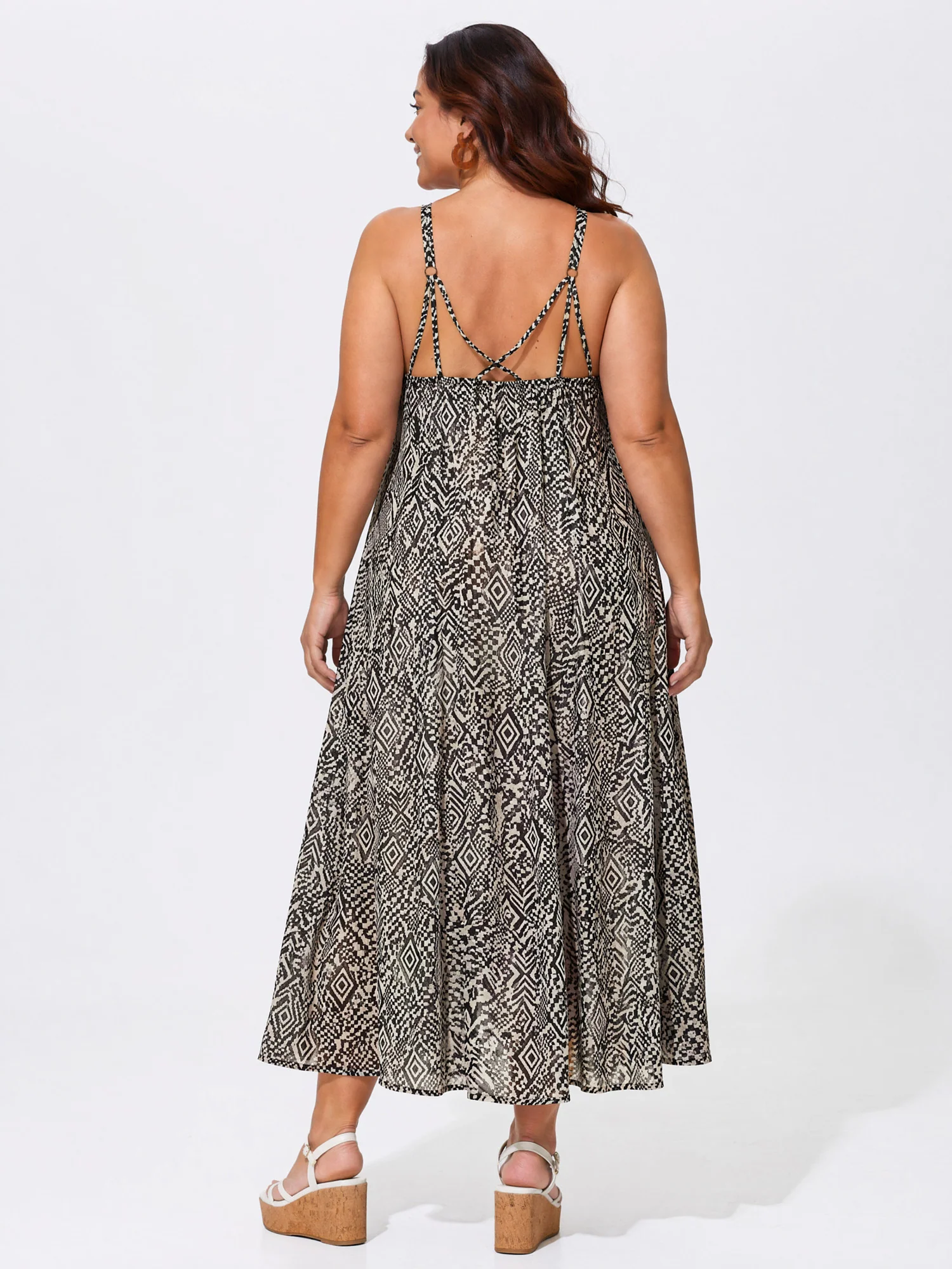 Sheer Geometric Print Halter Neckline Slip Maxi Dress