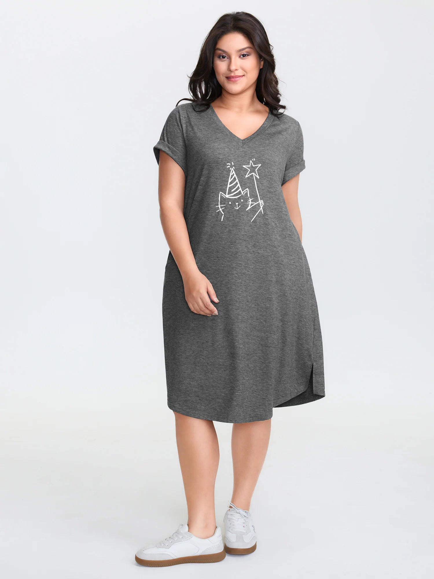 Supersoft Happy Cat Motif V-Neck Mini Dress
