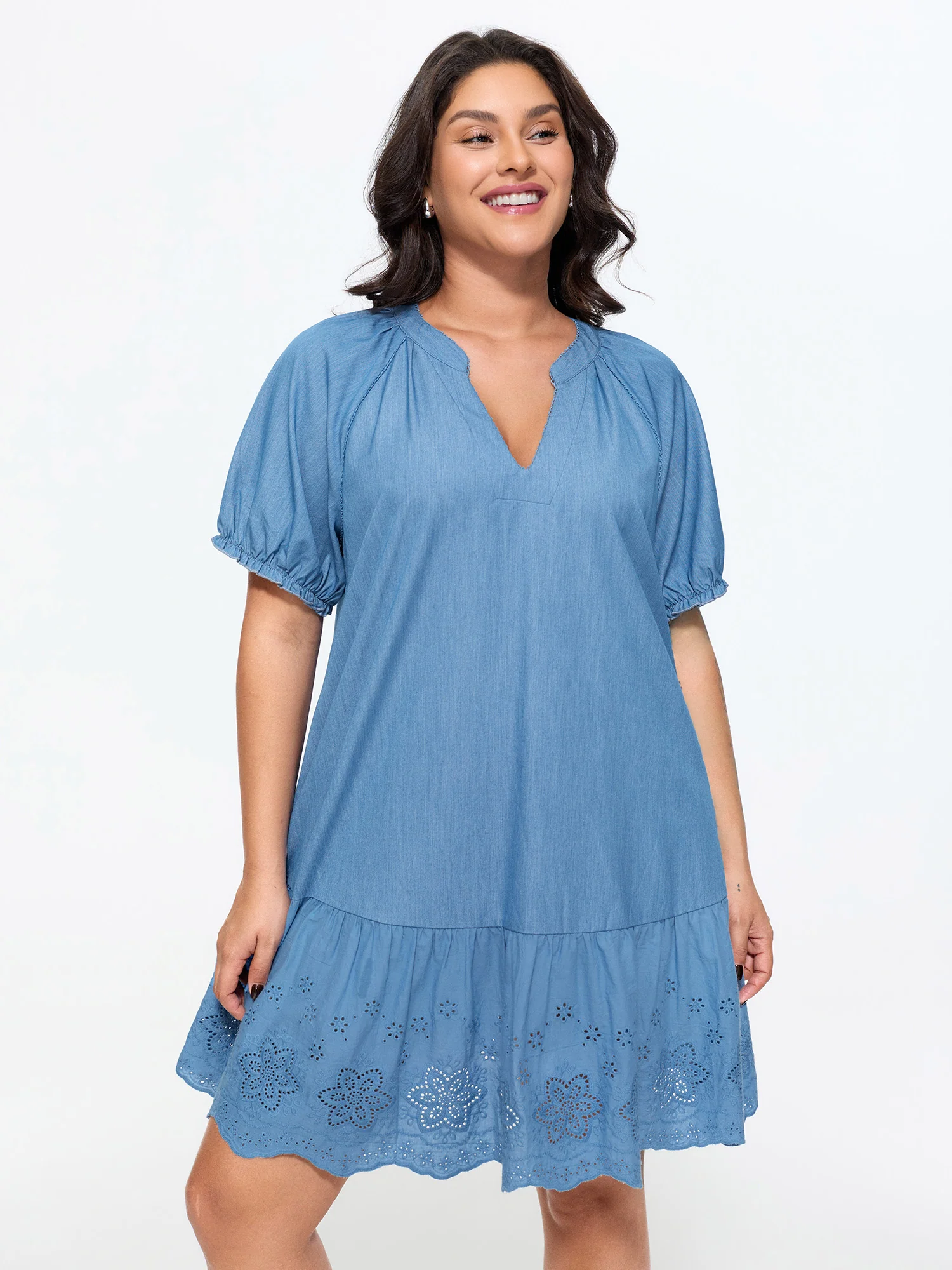 Ruffled Hem Notched Collar Faux Denim Mini Dress