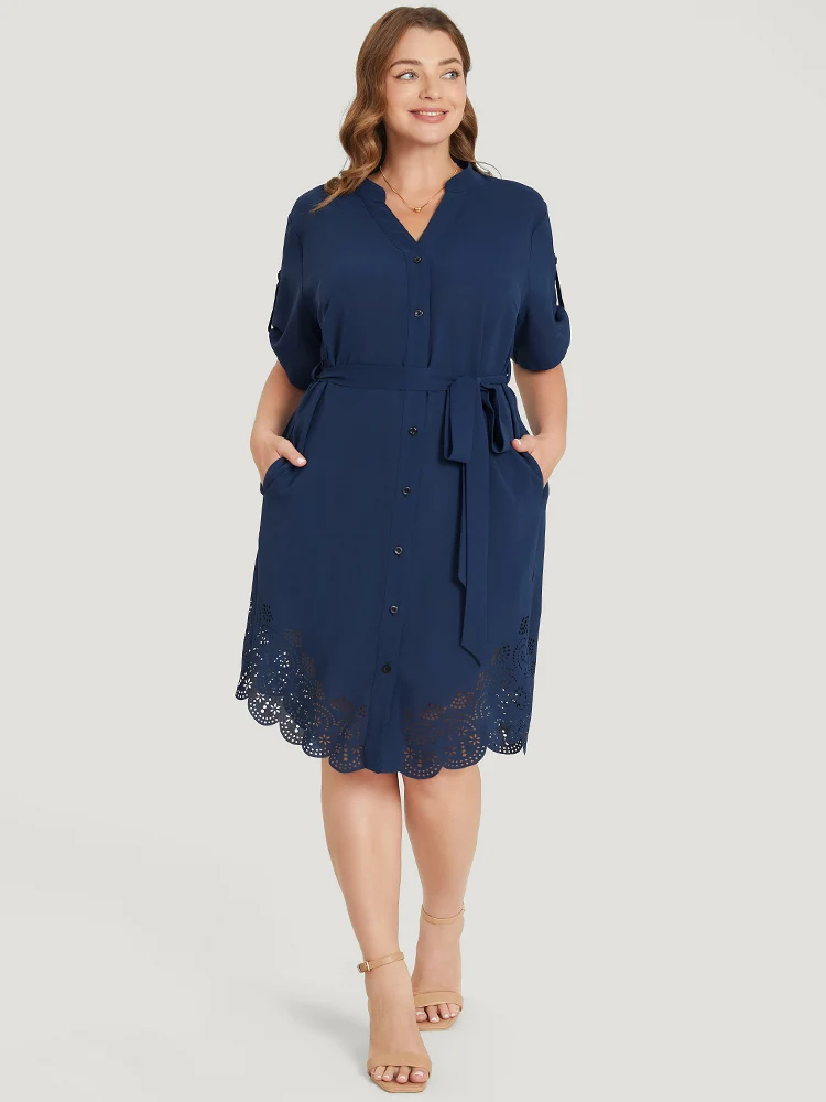 Solid Cuffed Sleeve Button Up Belted Laser Cut Arc Hem Dress
