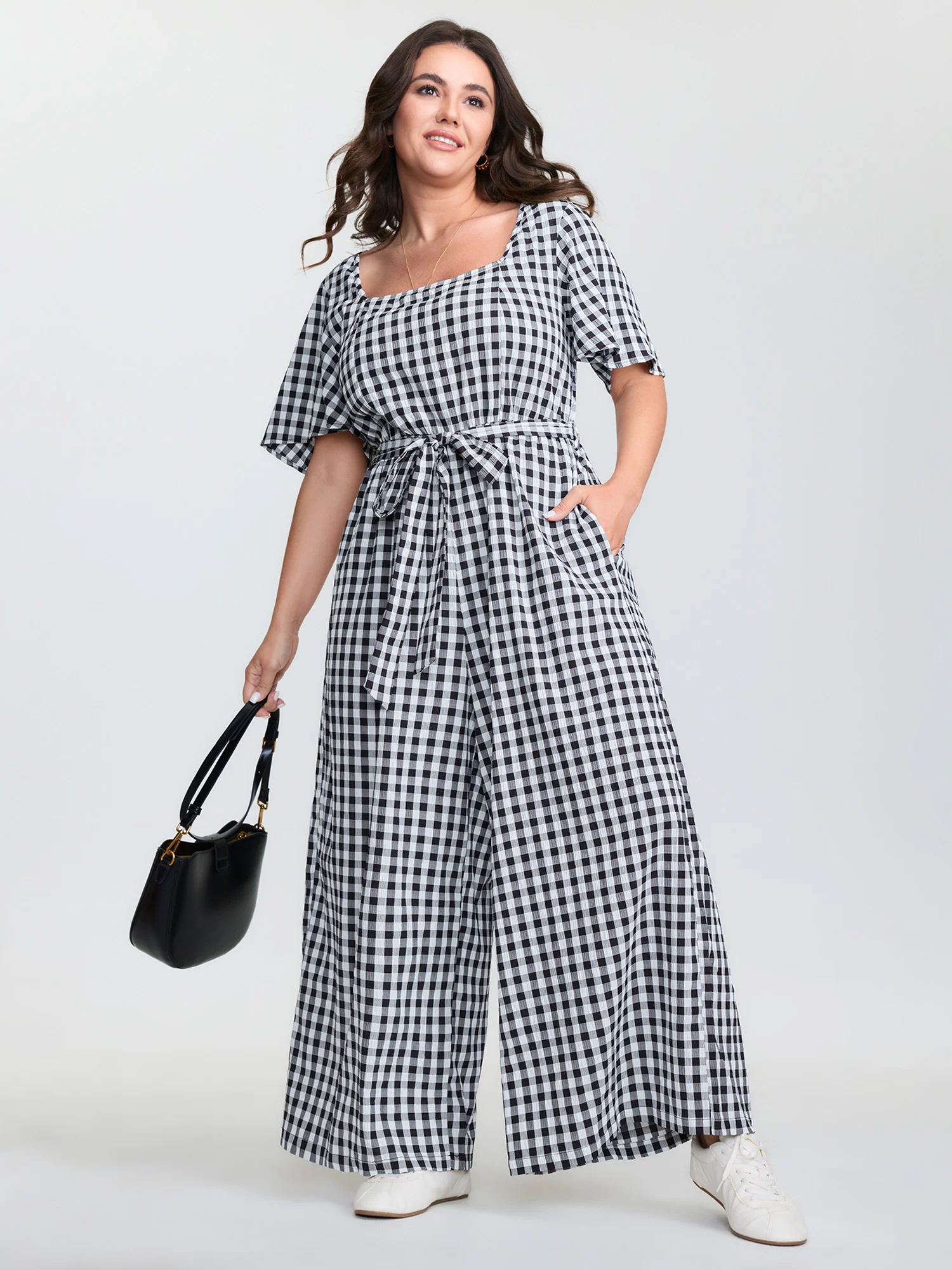Checkered Print Pockets Waist-Tie Jumpsuit