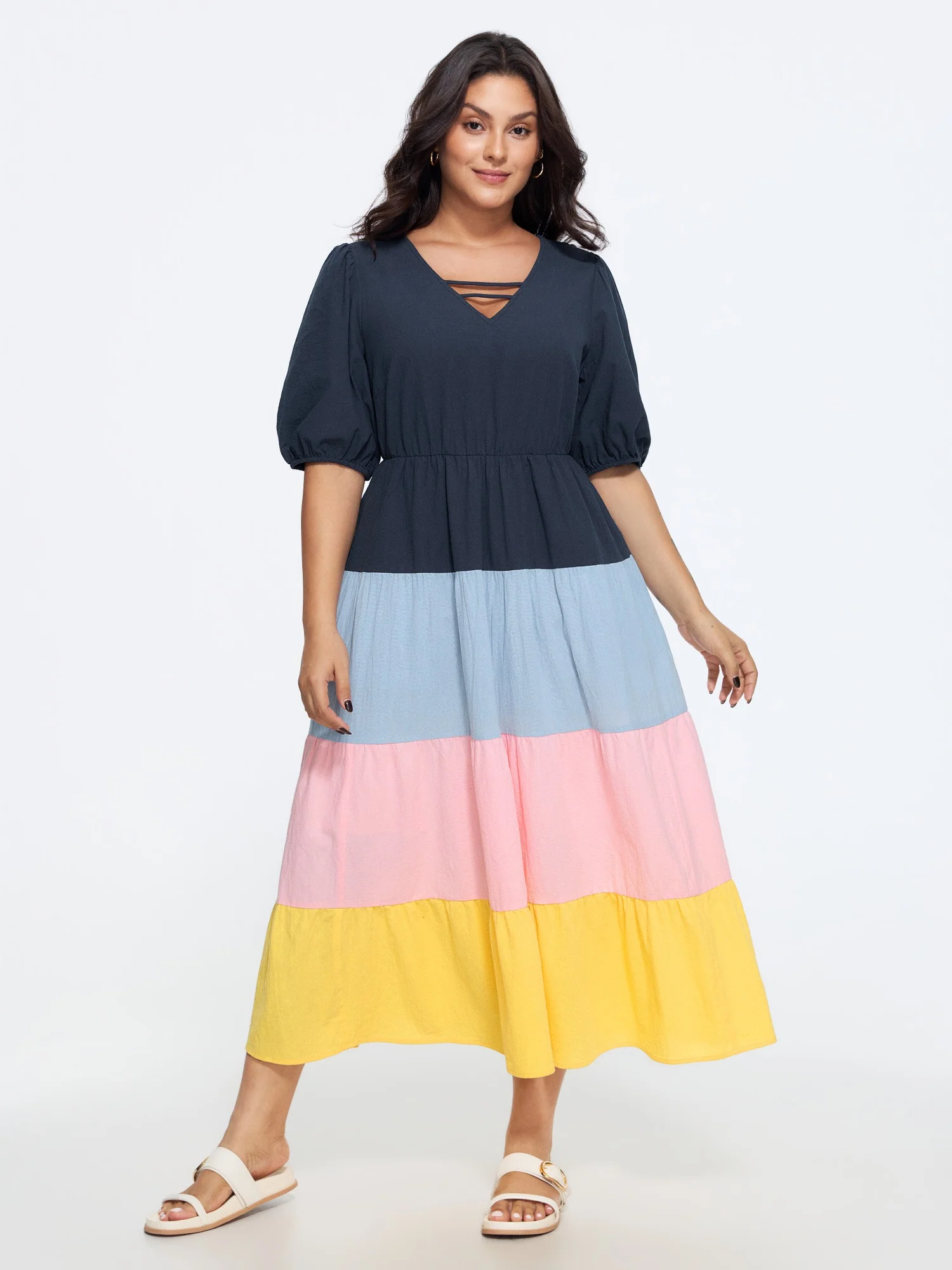 Cotton Color Block Tiered Maxi Dress