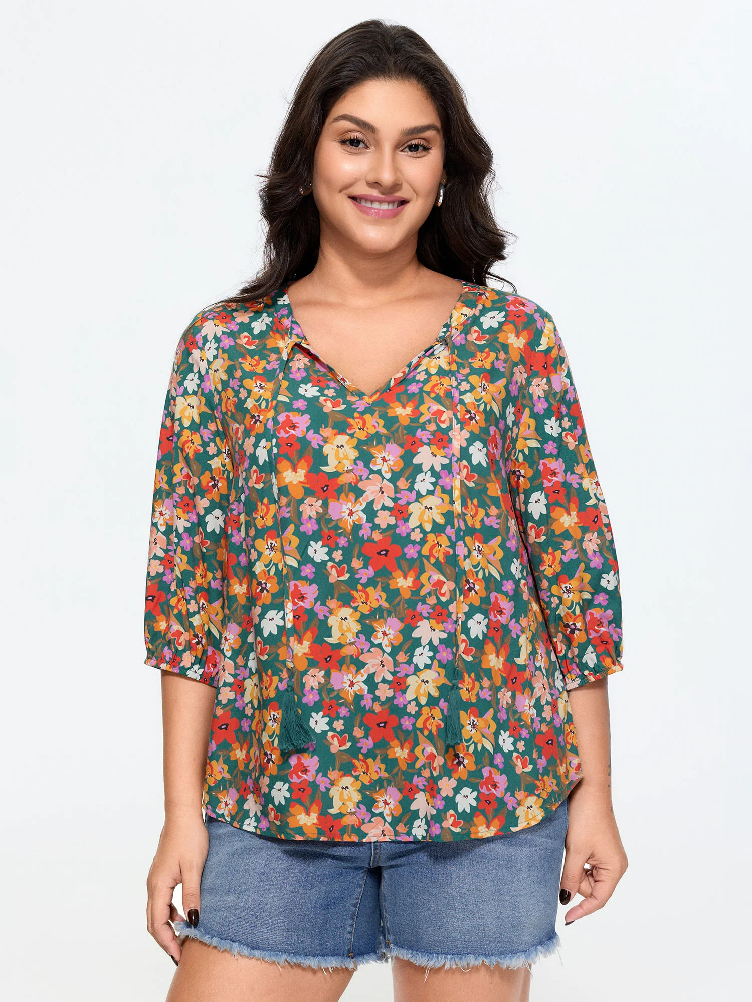 Supersoft Floral Print Tassel Neckline Blouse