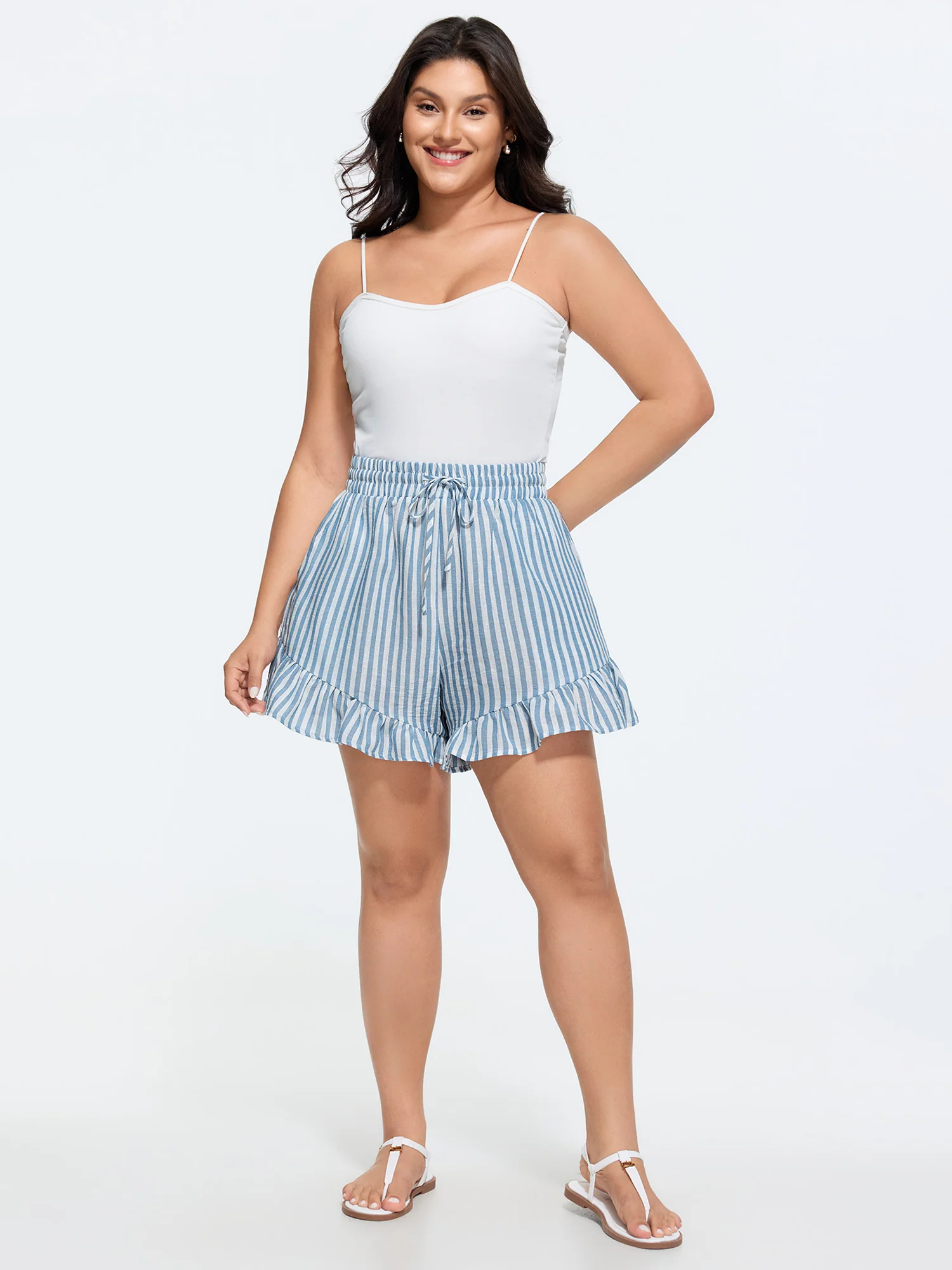 Striped Print Ruffled Hem Shorts