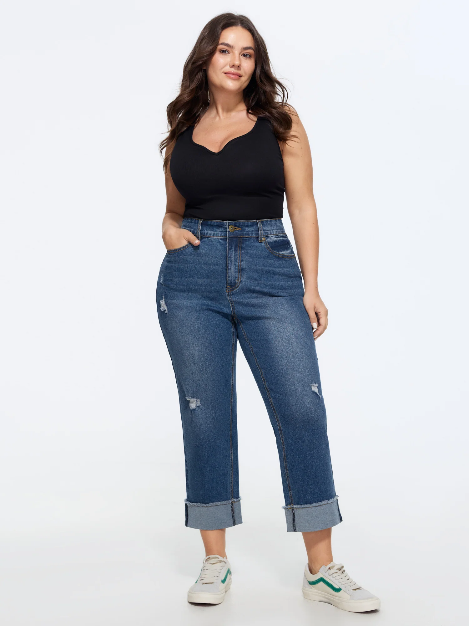Stretchy Folded Hem Straight-Leg Jeans