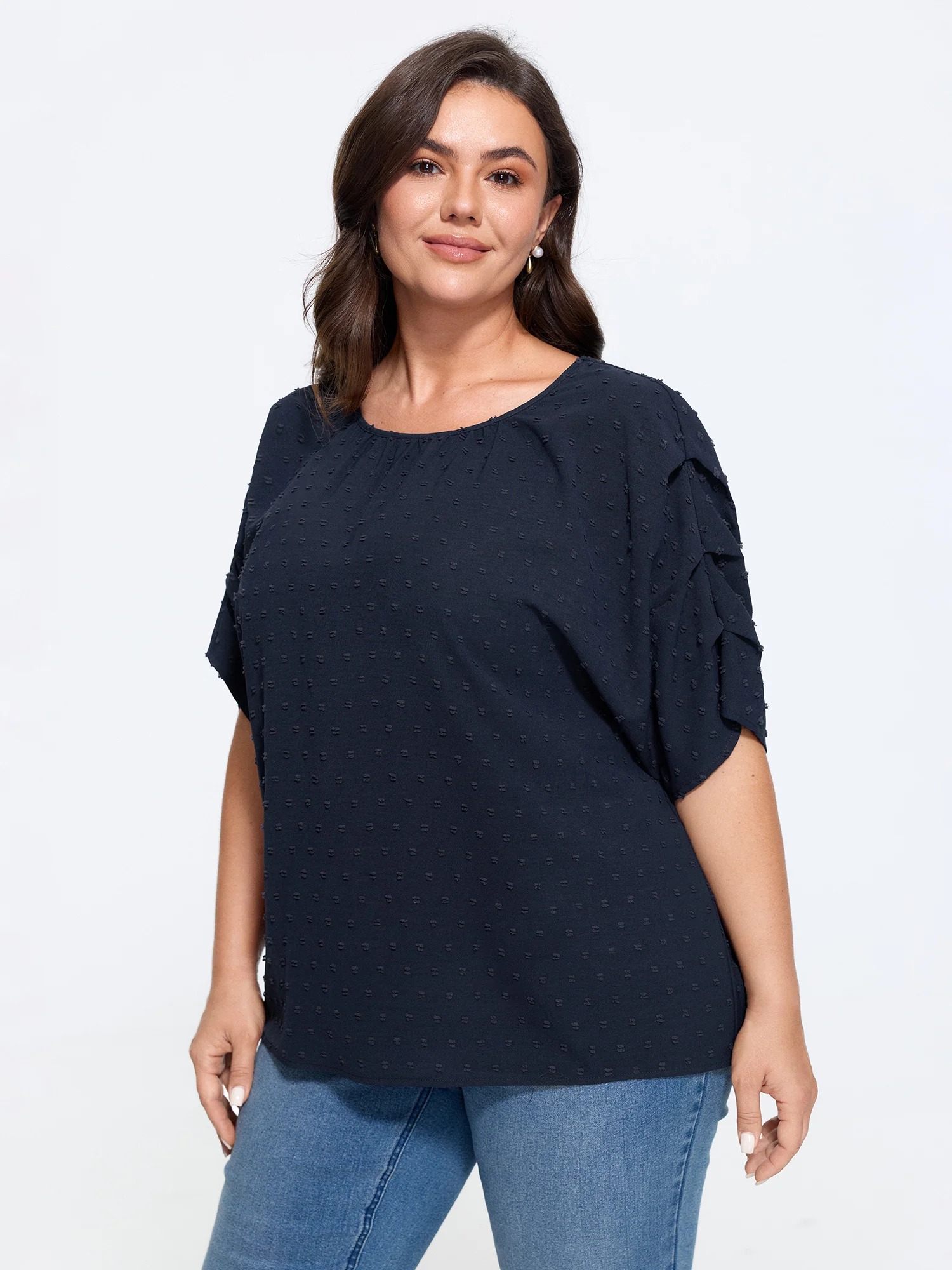 Textured Dot Ruffle Sleeve Loose Blouse