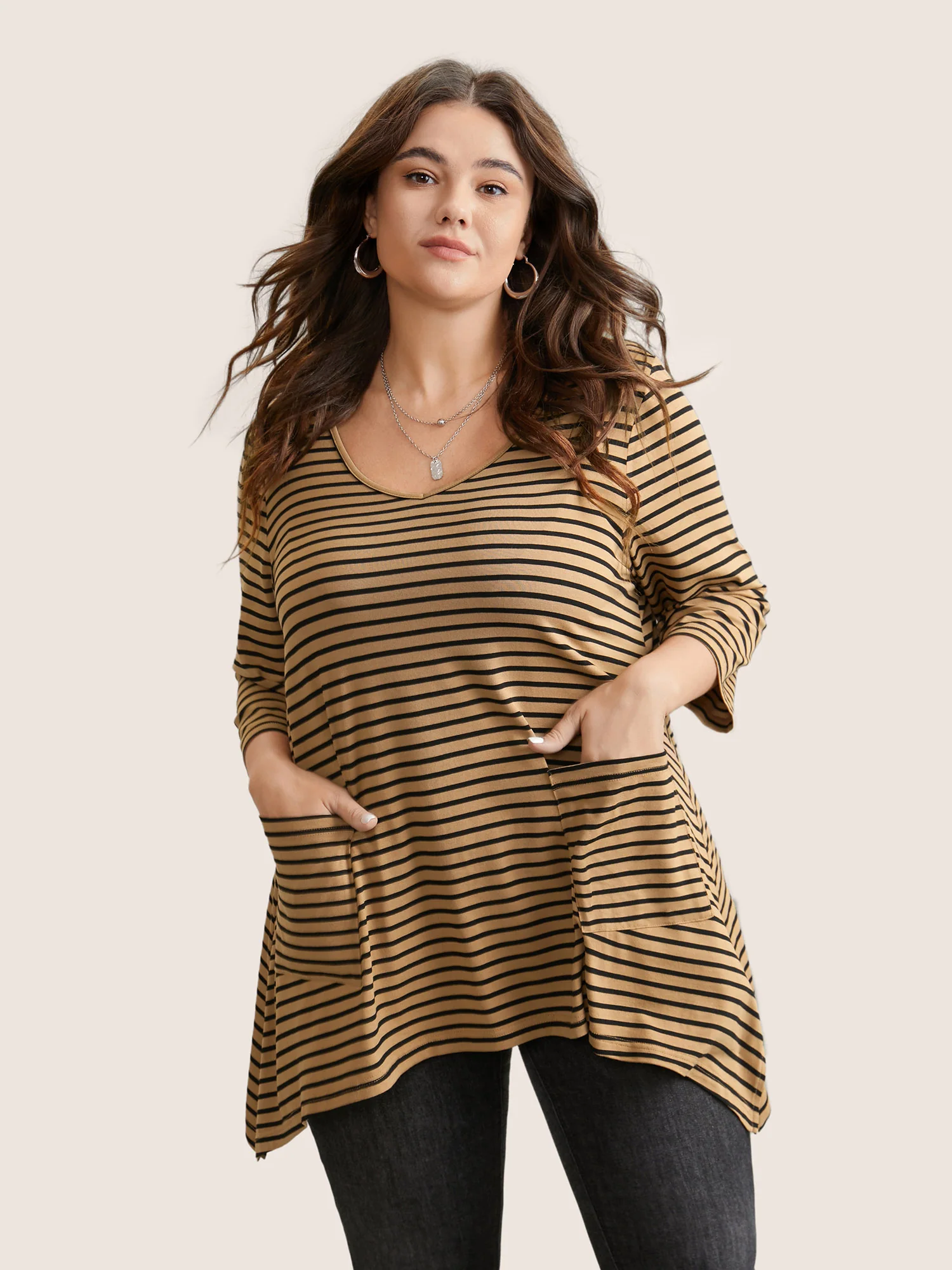 Striped Pocket Asymmetrical Split Hem Tunic T-shirt