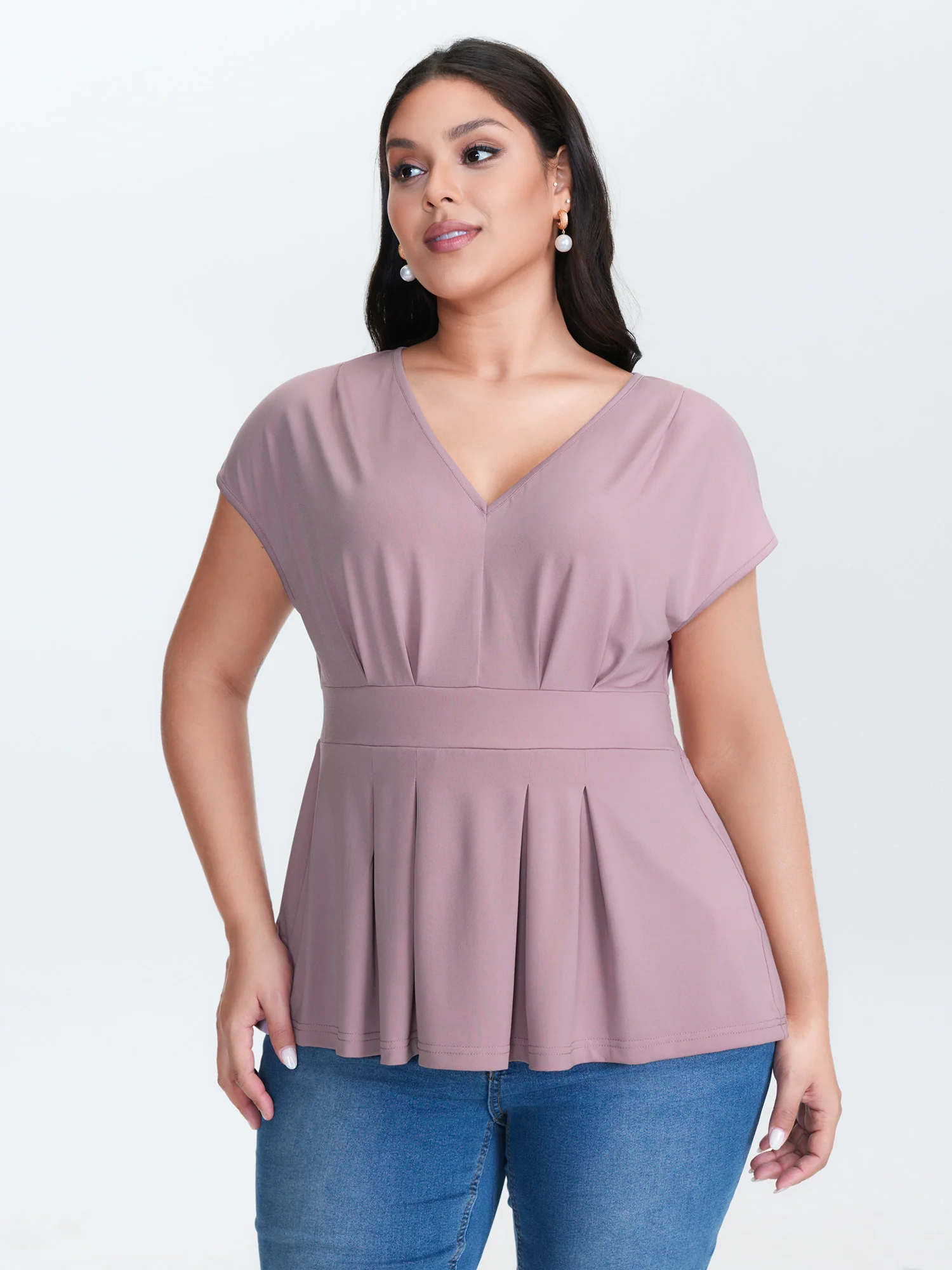 V-Neck Pleated Plain Knit Top