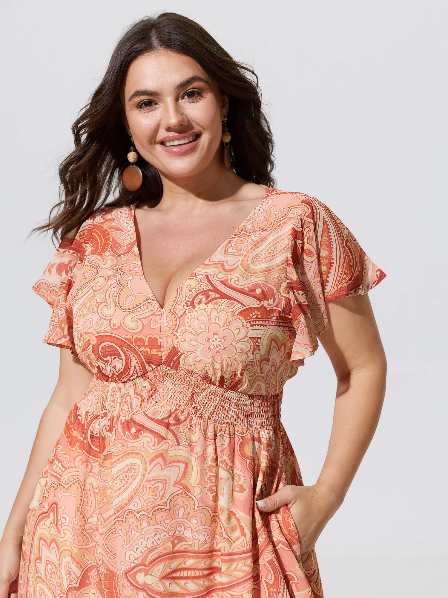 Paisley Print Shirred Waist Maxi Dress