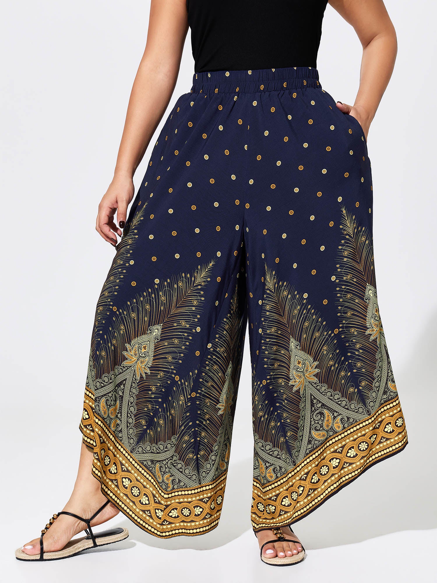 Boho Print Wide-Leg Color Contrast Pants