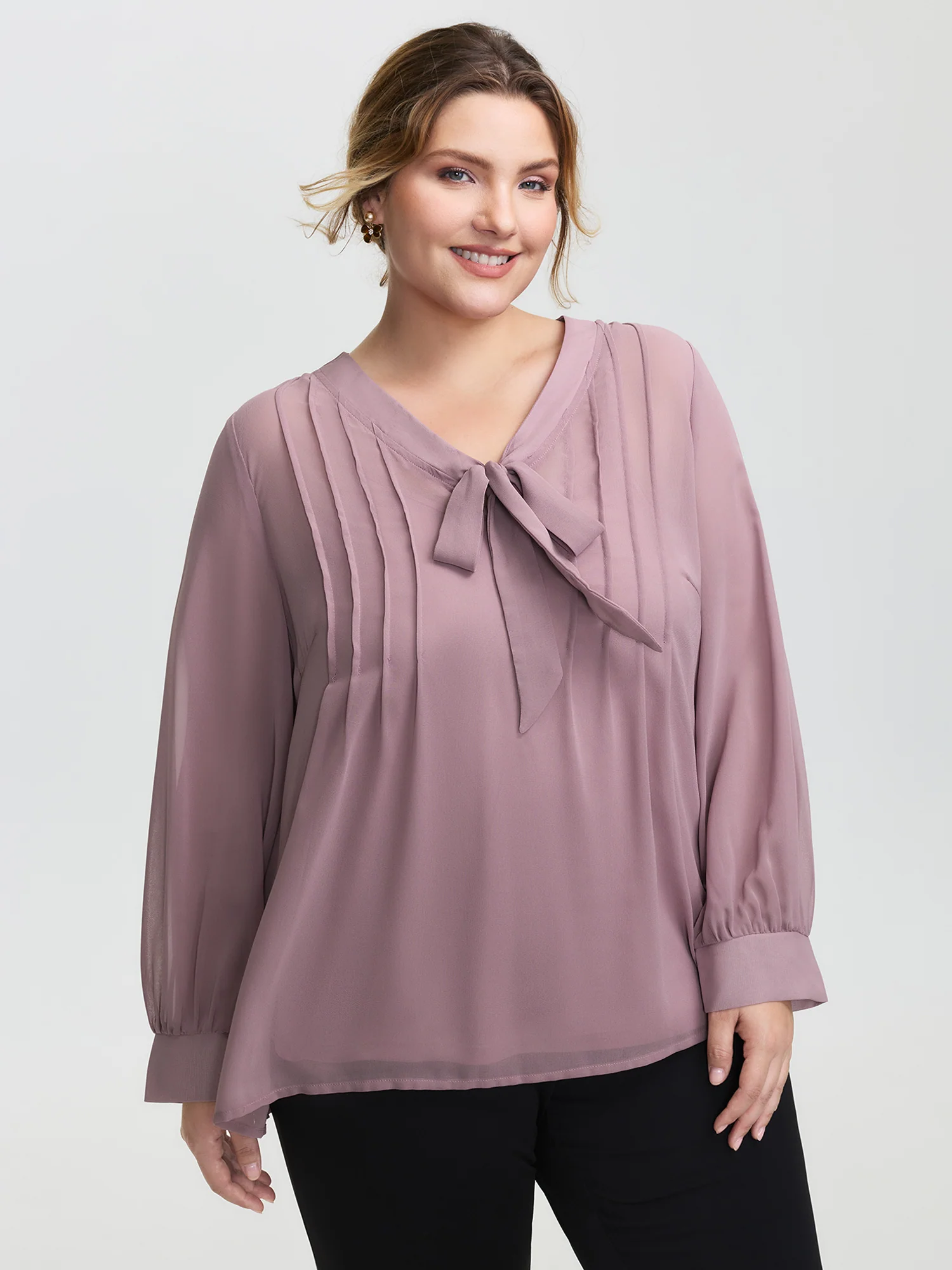 Toothpick Pleats Neck-Tie Sheer Blouse