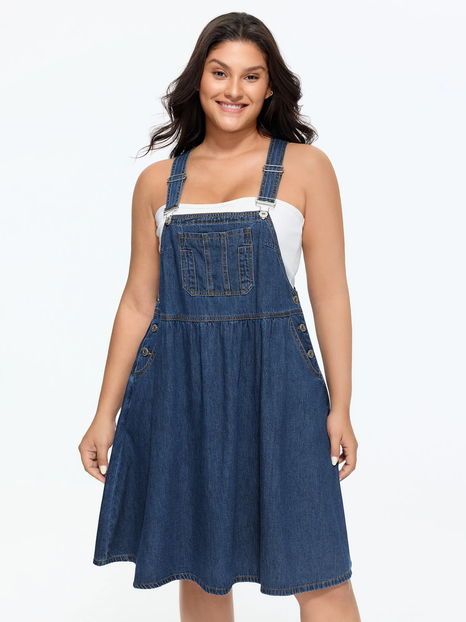 Stretchy Overall Straps Pleated Mini Denim Dress