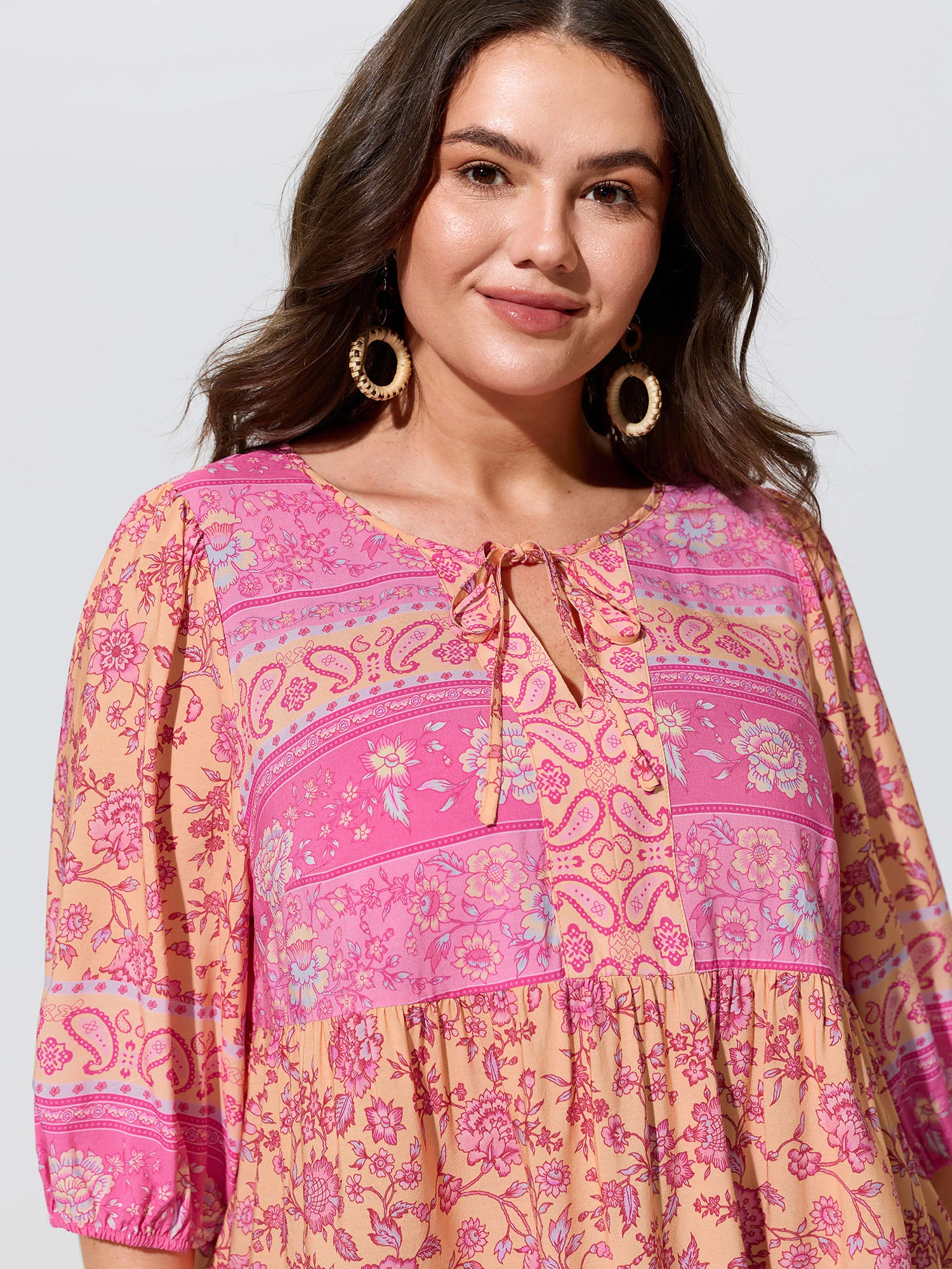 Color Block Paisley Print Babydoll Blouse
