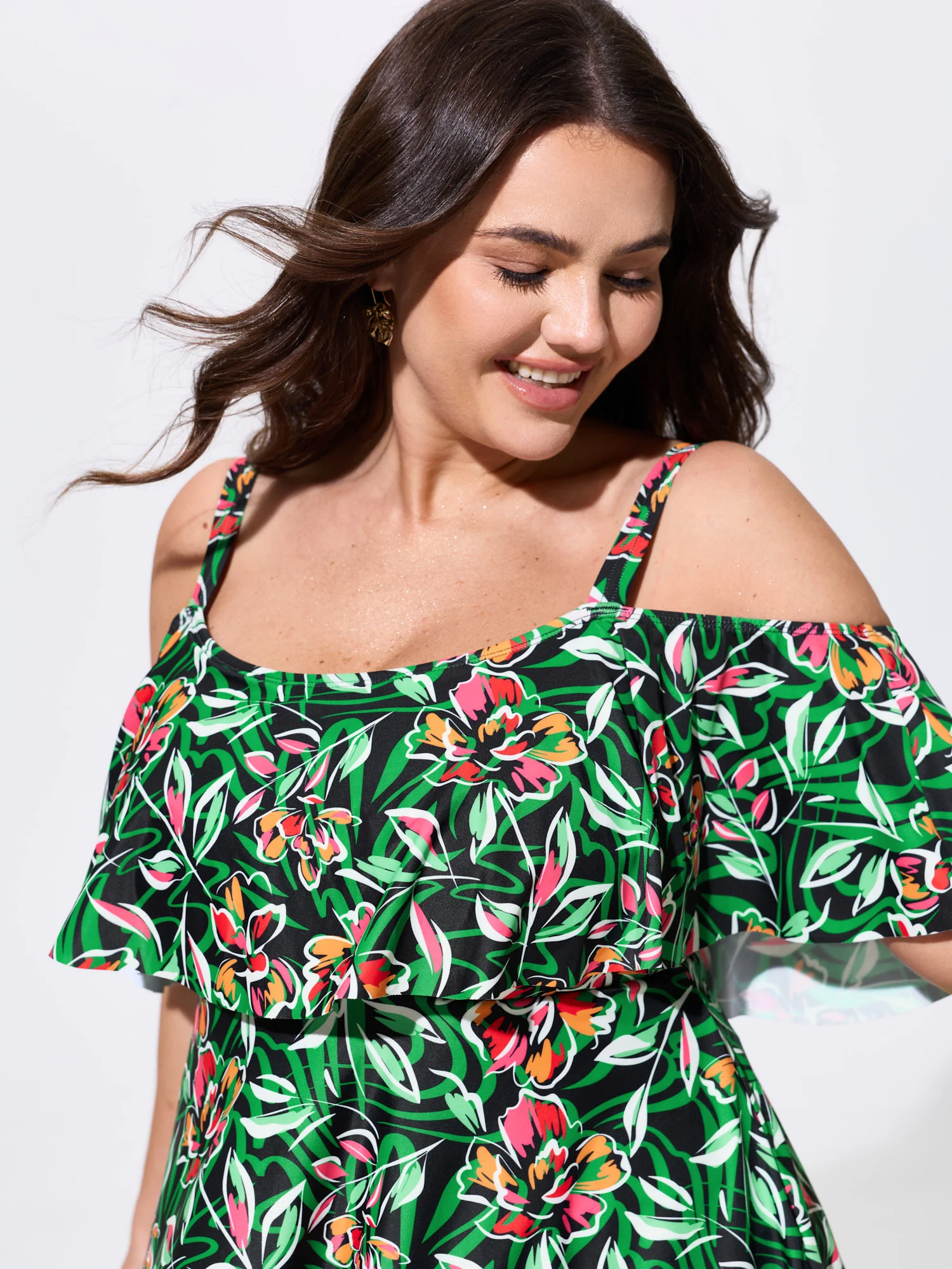 Floral Ruffle Trim Off Shoulder Pockets Swim Dress