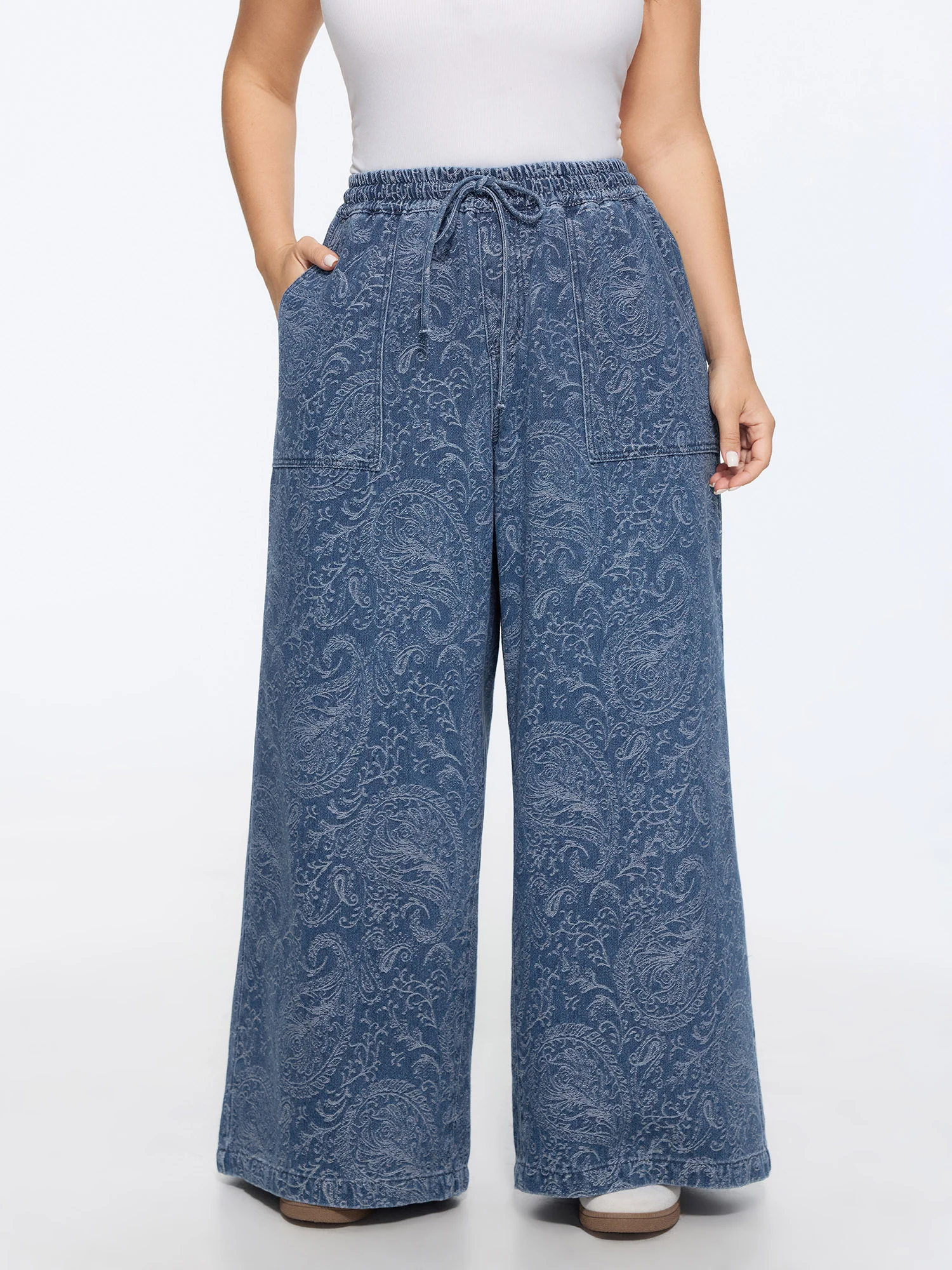 Washed Paisley Print Drawstring Wide Leg Jeans
