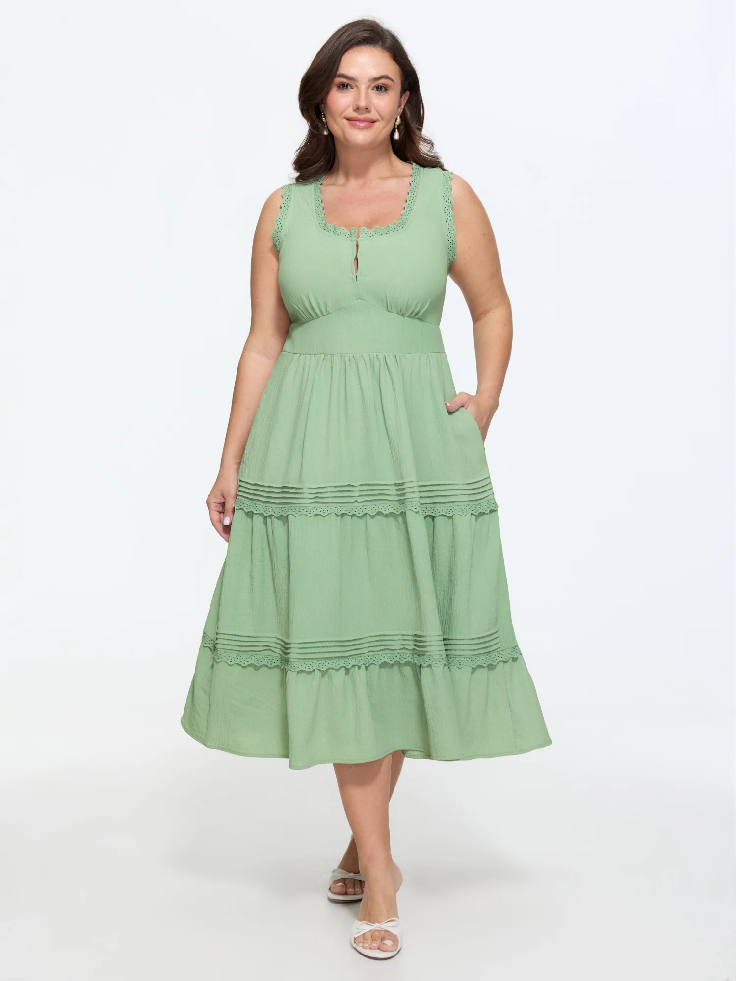 Lace Trim Ruffled Tiered Sleeveless Midi Dress