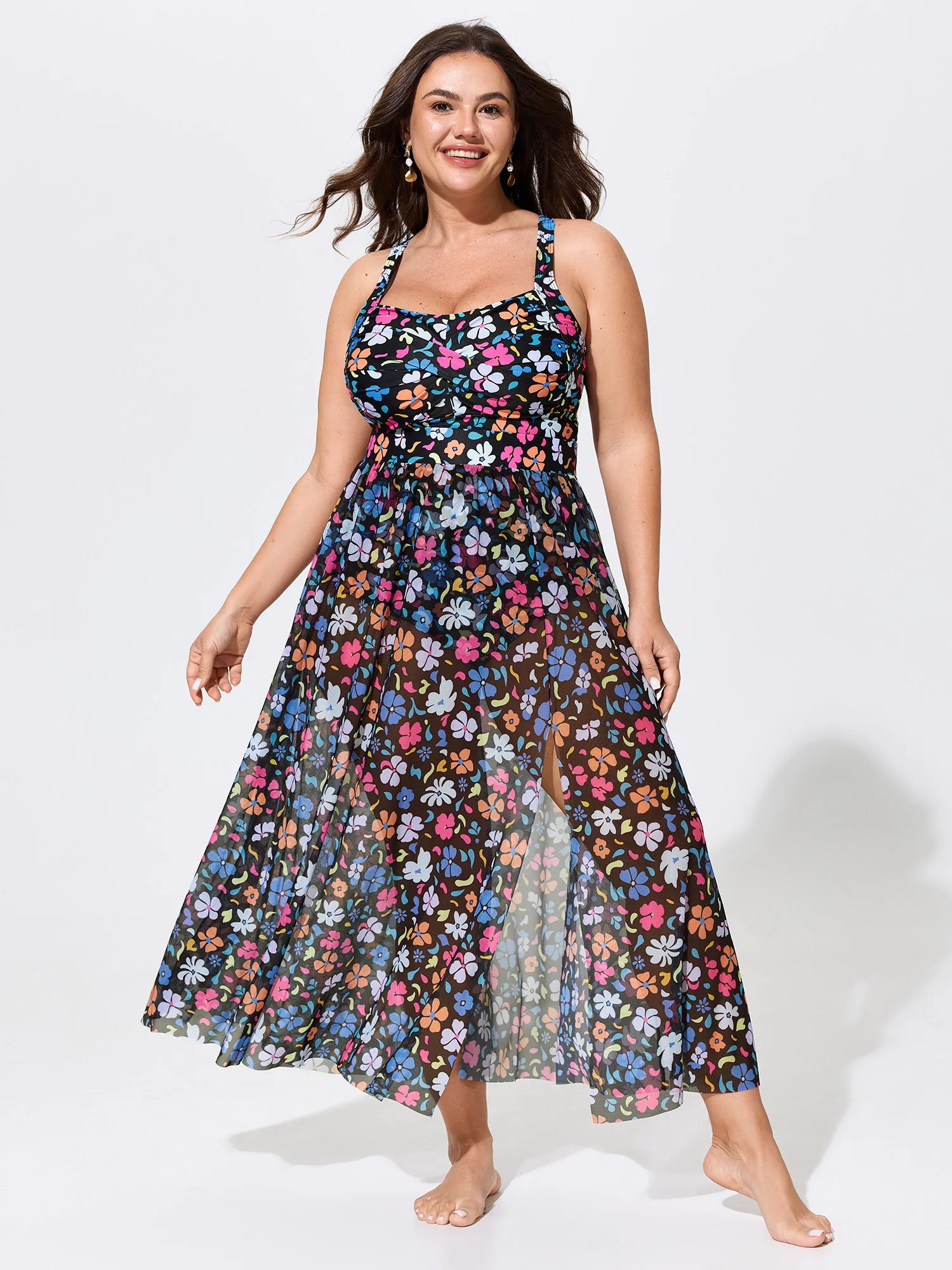 Split Hem Sarong Set Floral One-Piece Swim