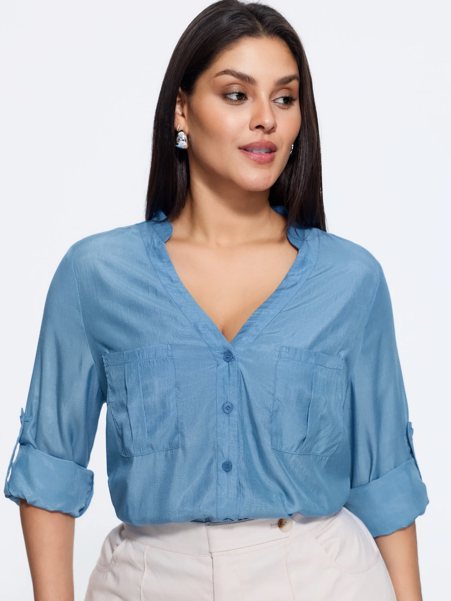 Plain Tab Sleeve Dual Pocket Blouse