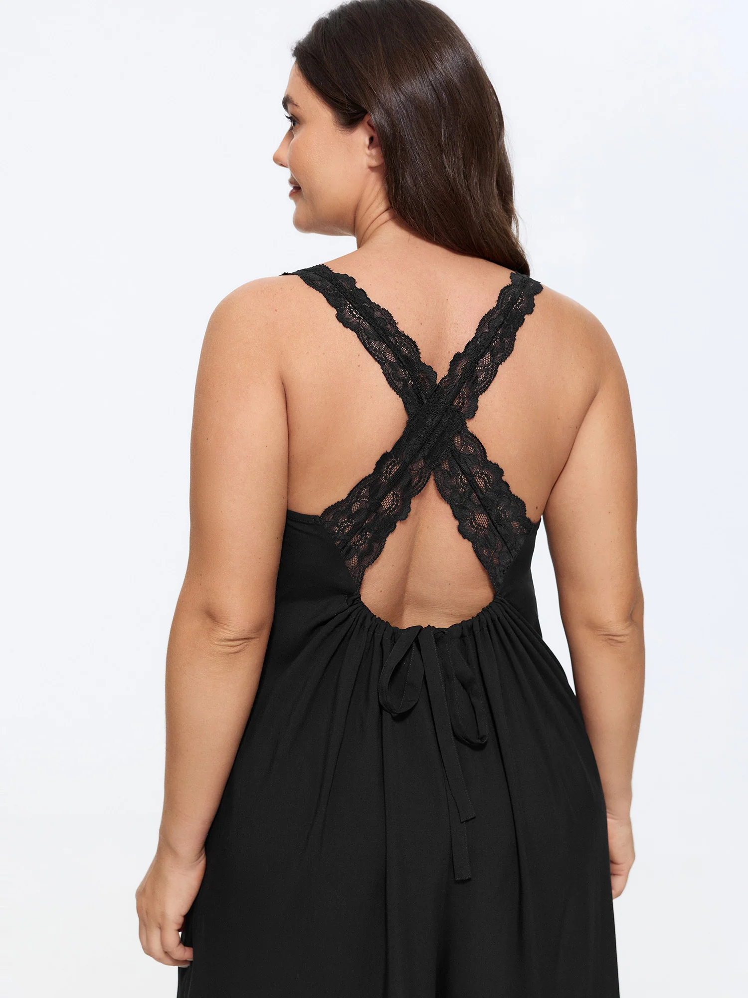 Solid Lace Cross Back Wide Leg Jumpsuit
