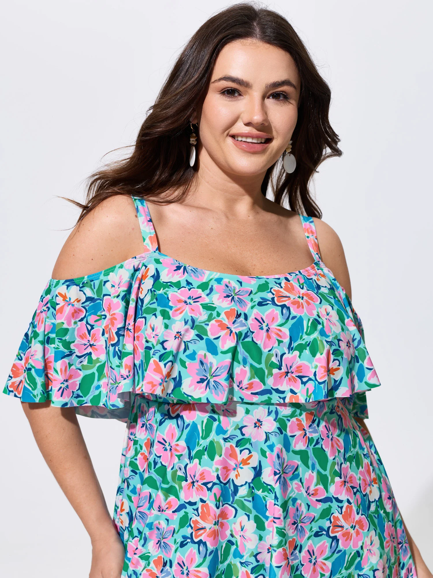 Floral Ruffle Trim Off Shoulder Pockets Swim Dress