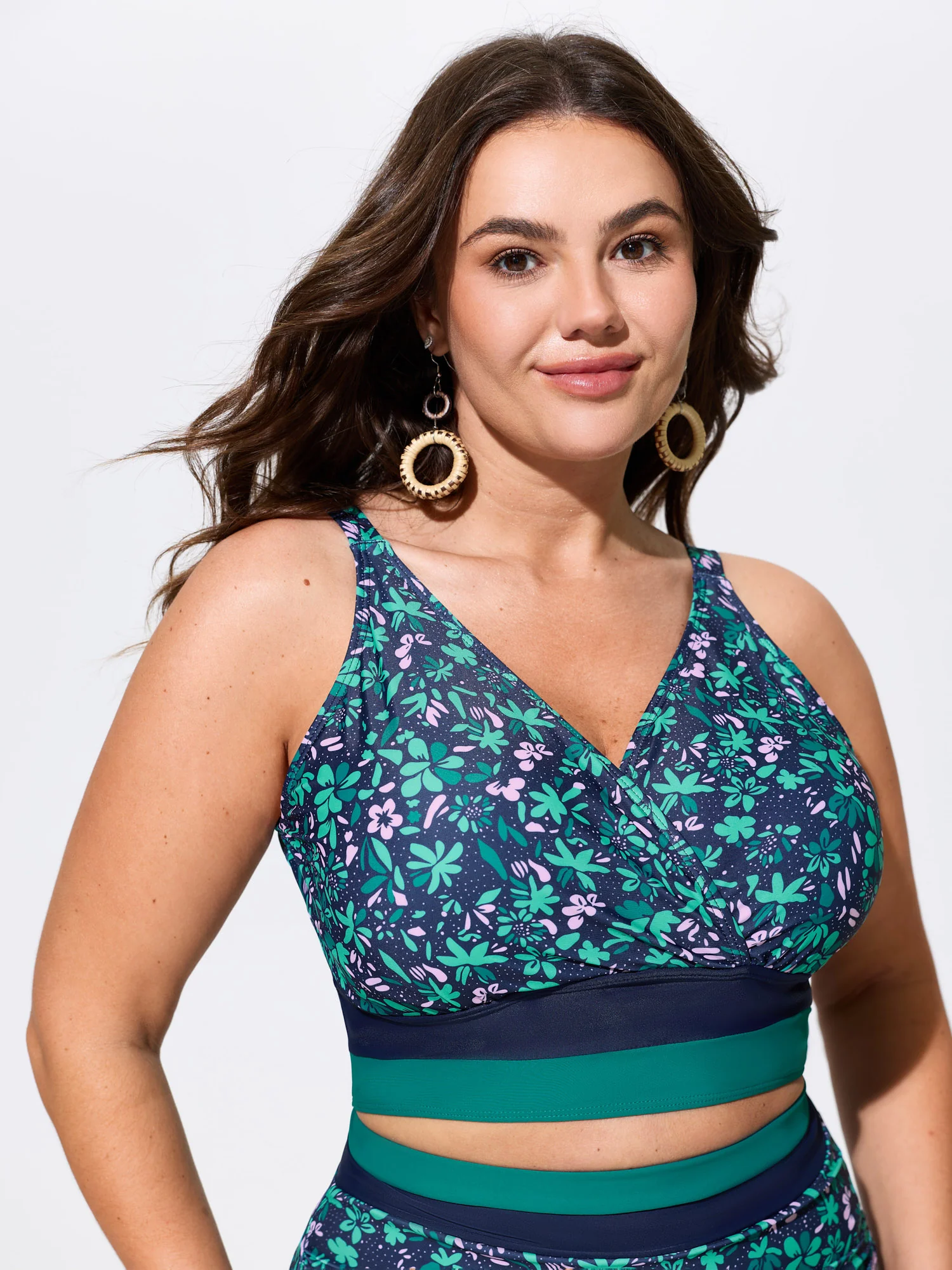 Colorful Floral Print Surplice Neckline Swim Top