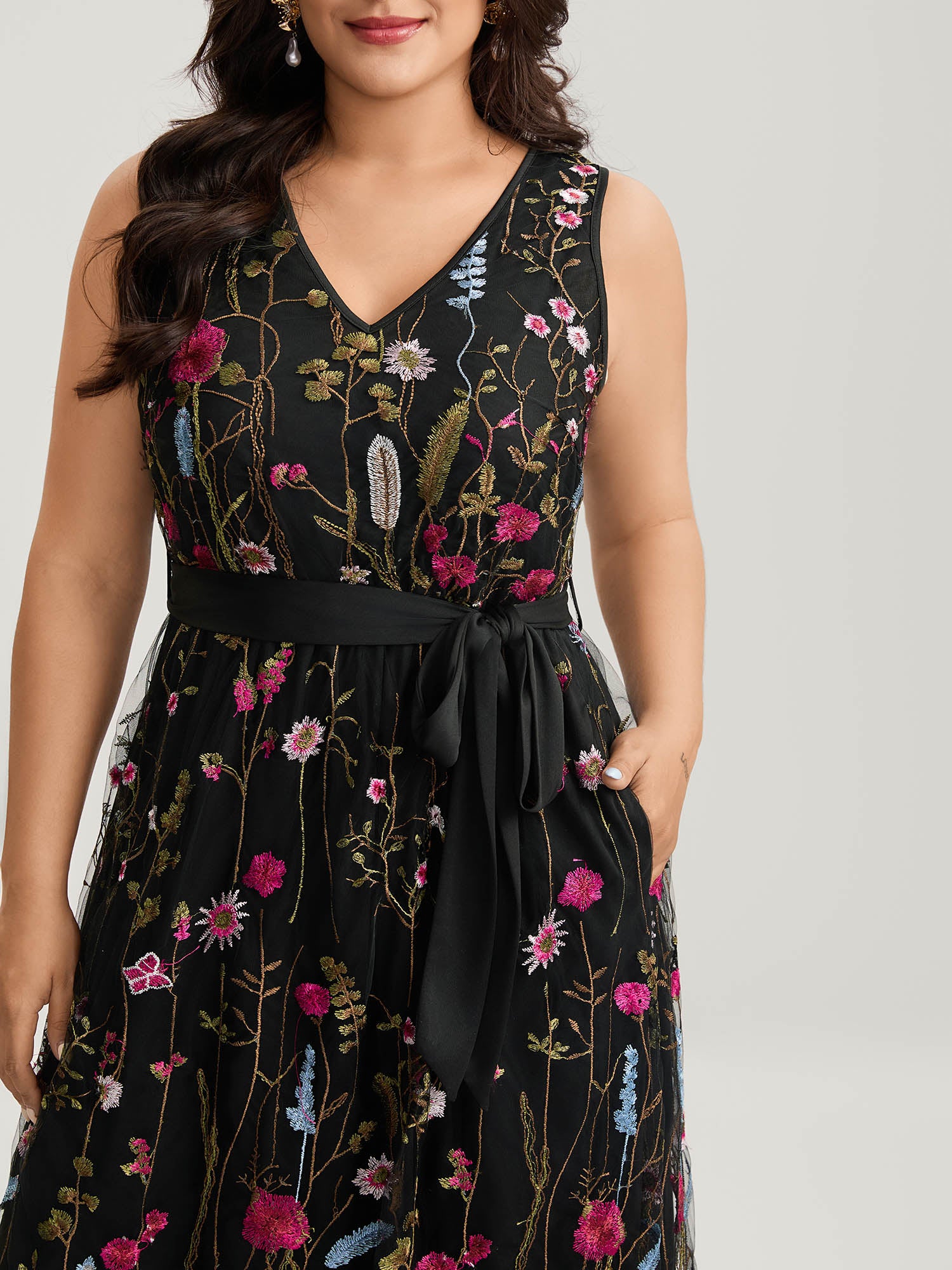 Floral Embroidery Belted Maxi Dress