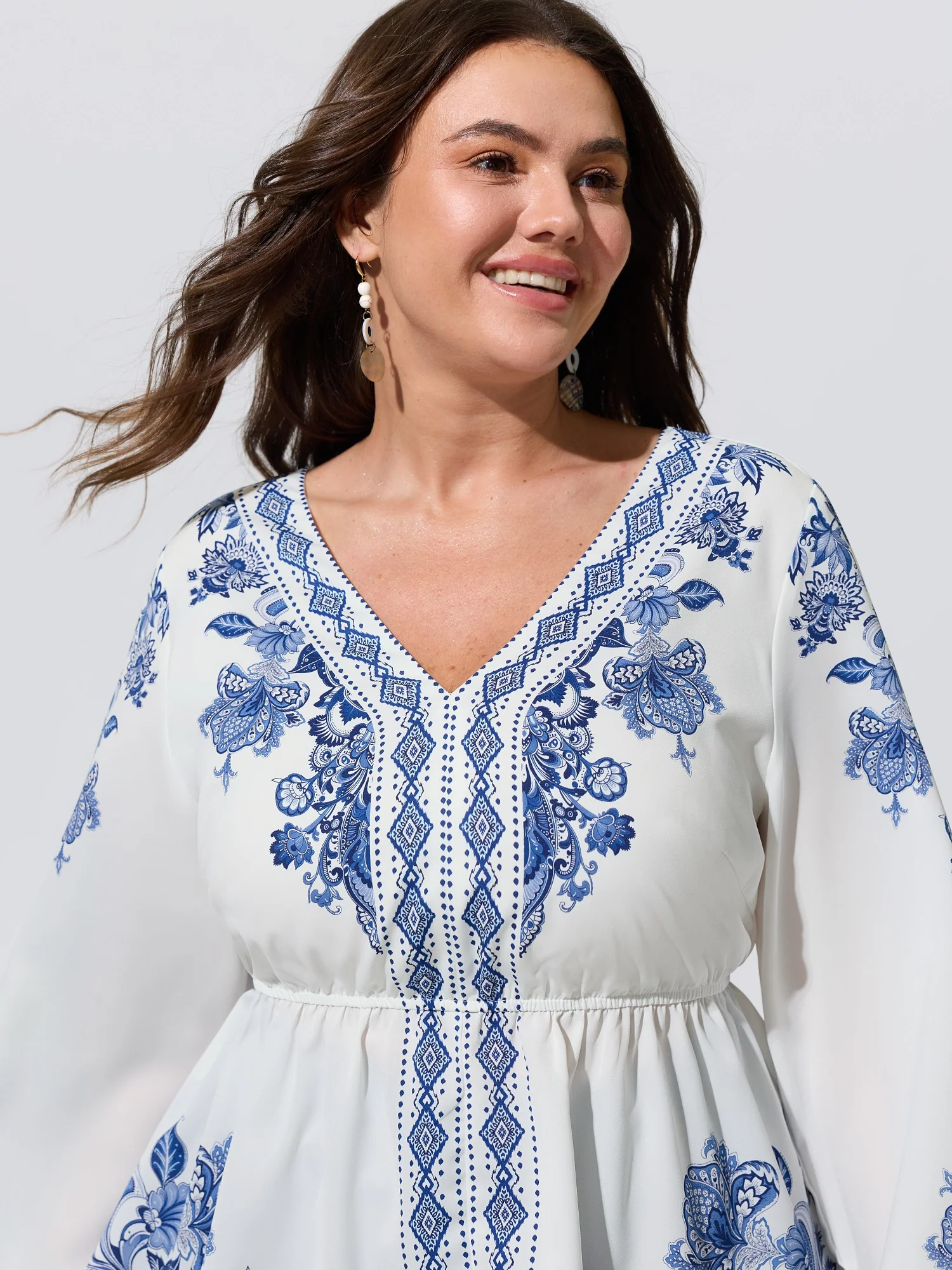 Porcelain Floral Print V Neck Chiffon Blouse