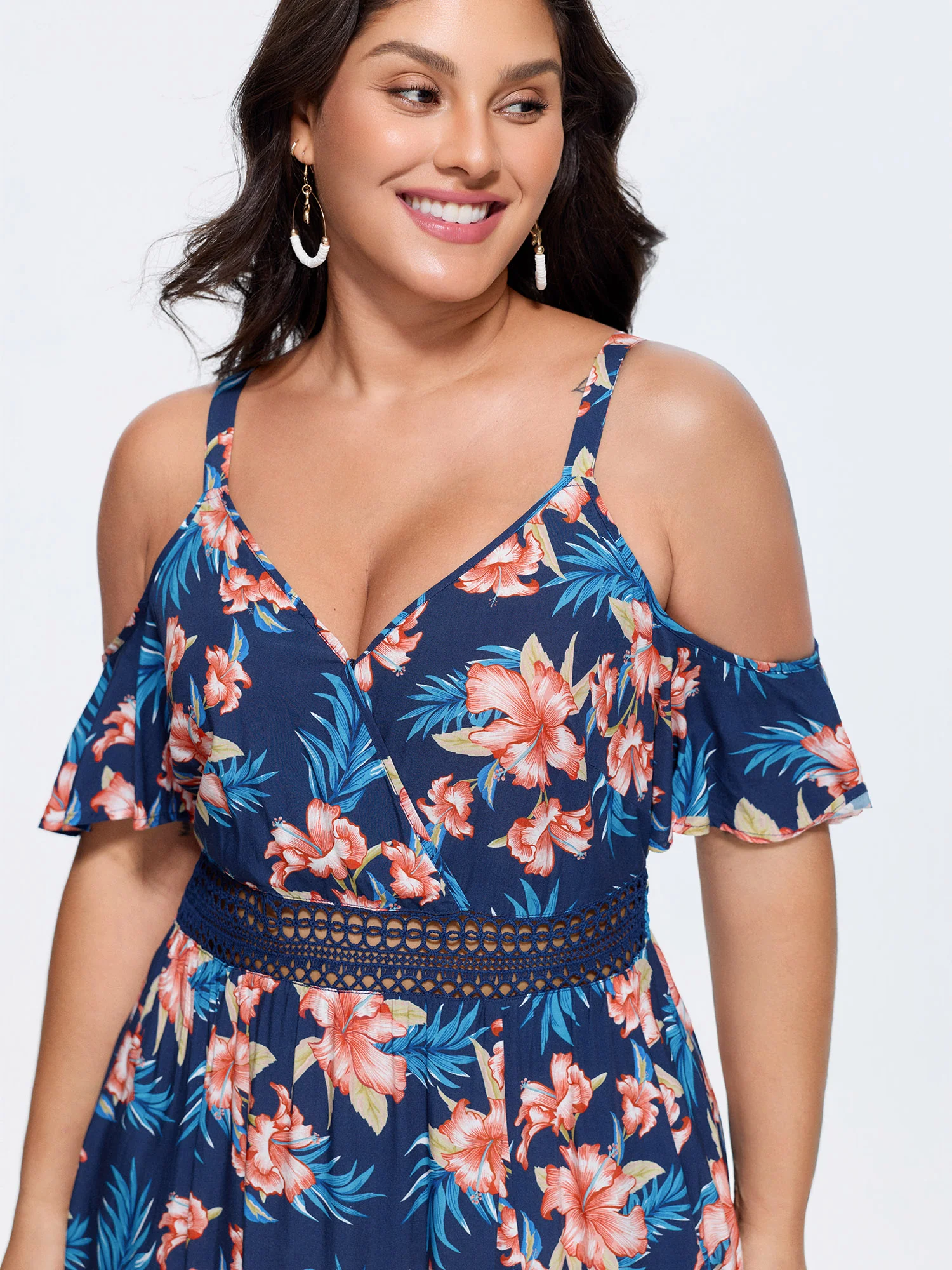 Floral Print Shirred Hollowed-Out Midi Dress
