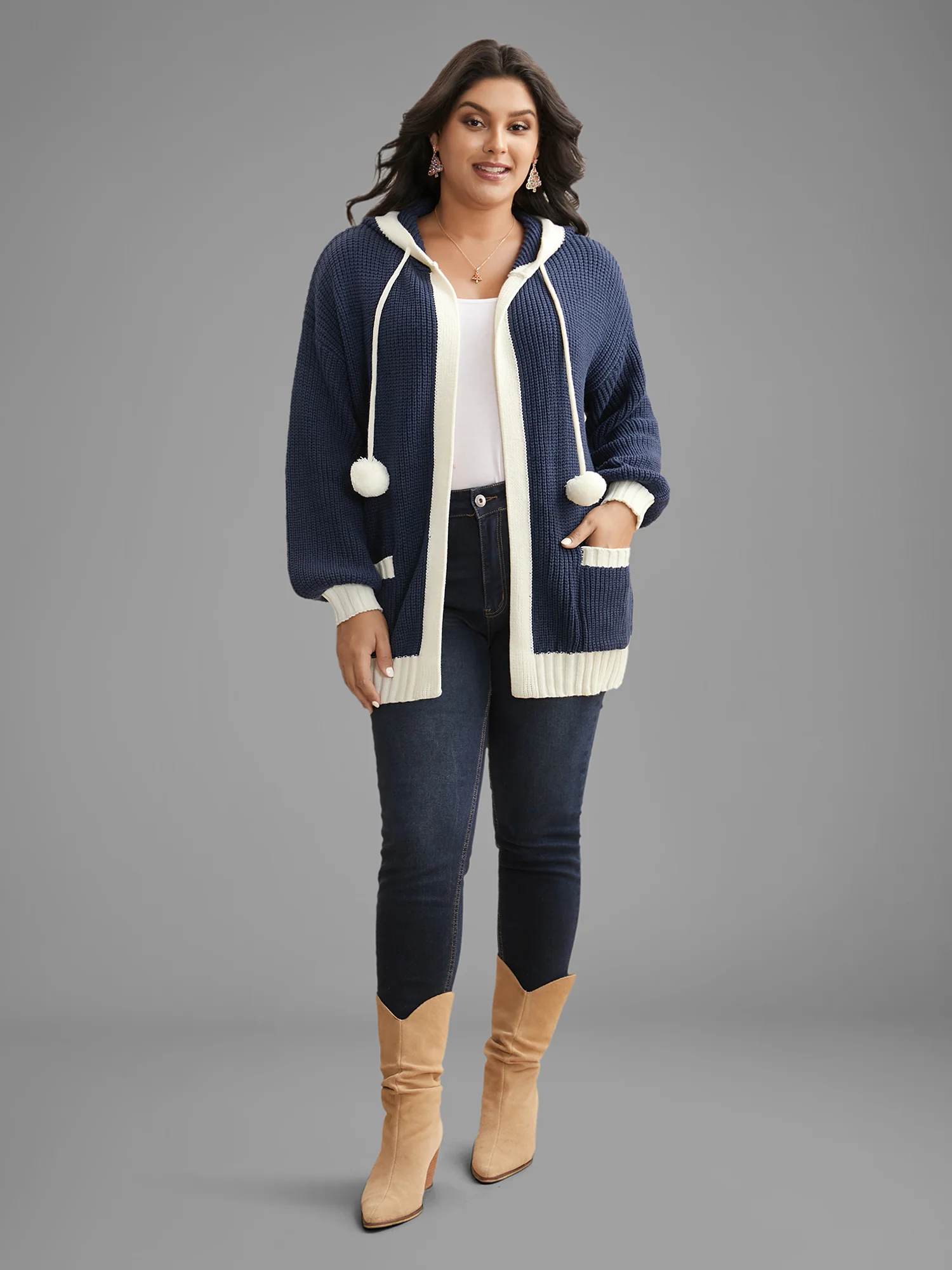 Contrast Hood Hemline Pockets Open Cardigan