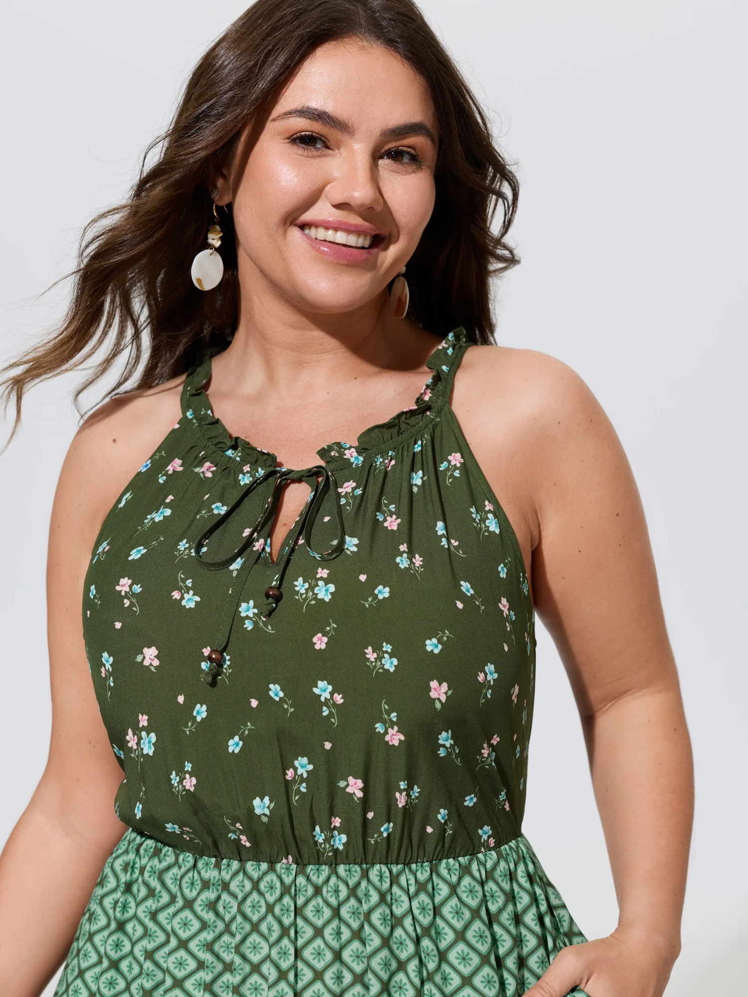 Supersoft Floral Print Patchwork Drawstring Tiered Maxi Dress