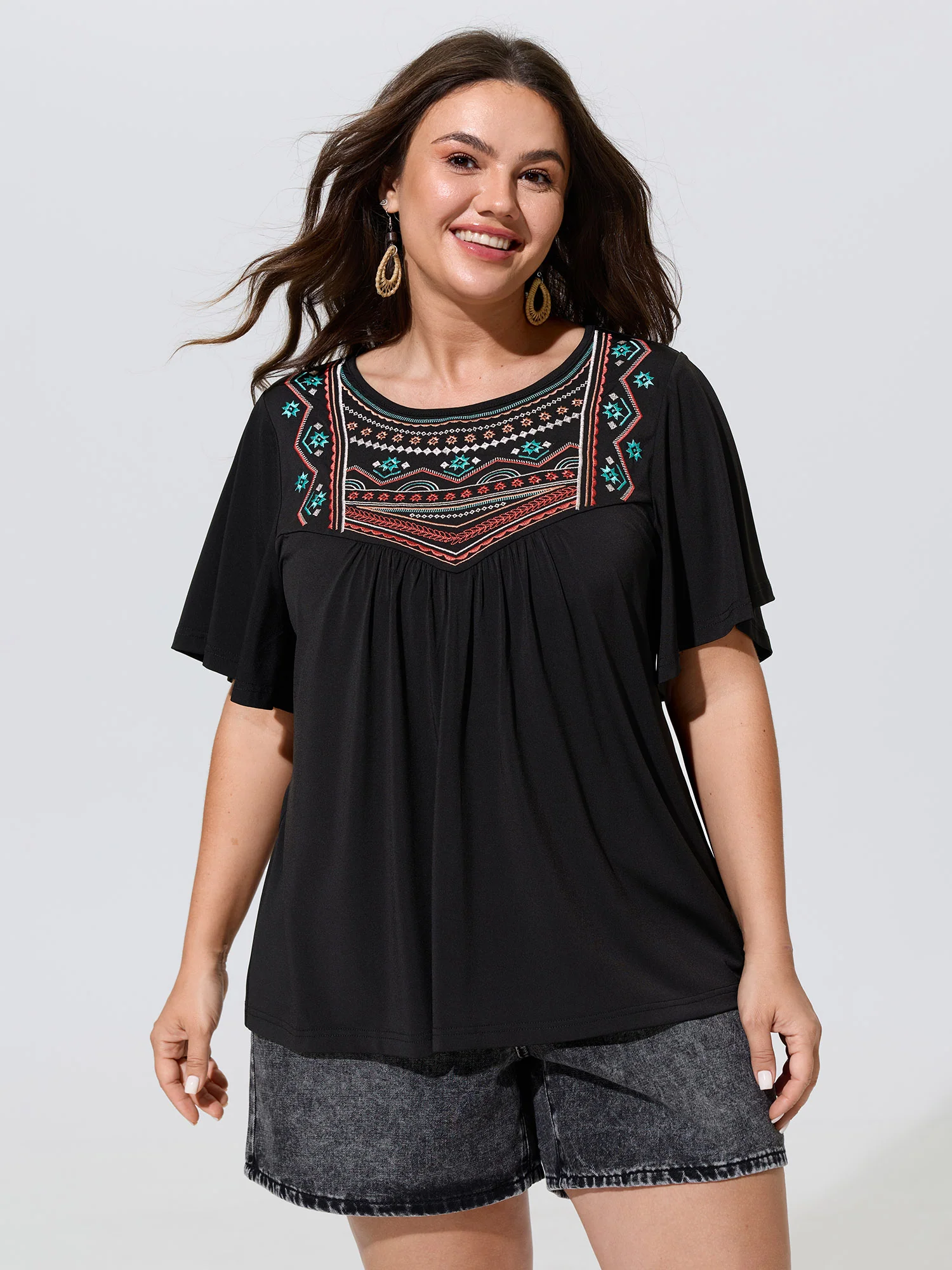 Stretchy Embroidered Neckline Jersey Top