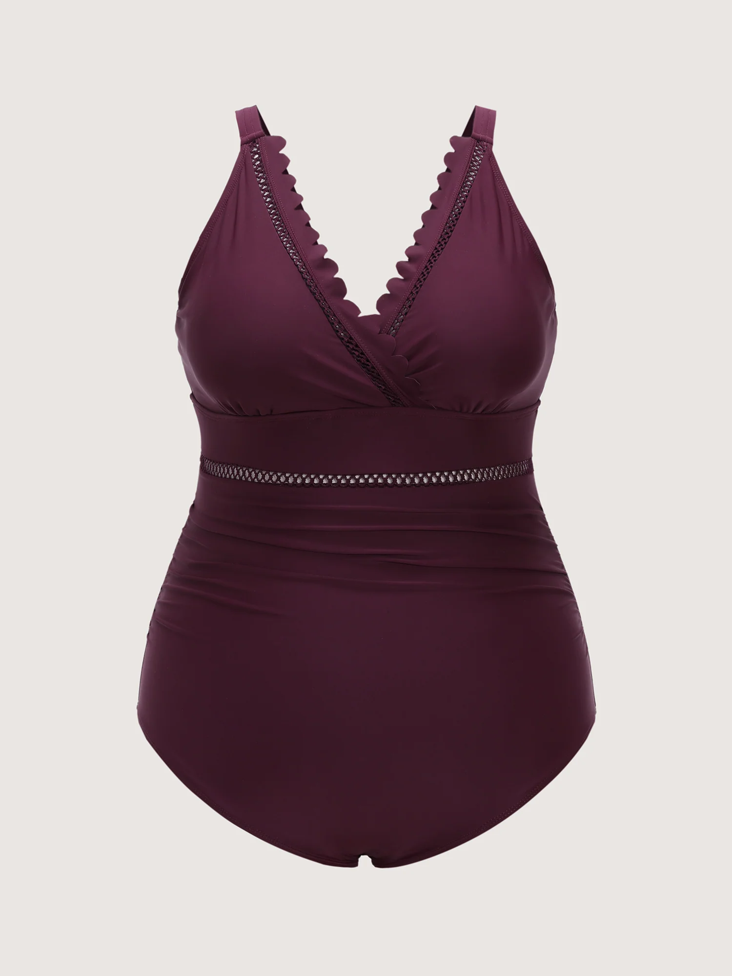 Wave Lace Trim Waist Ruched One Piece Swimsuit