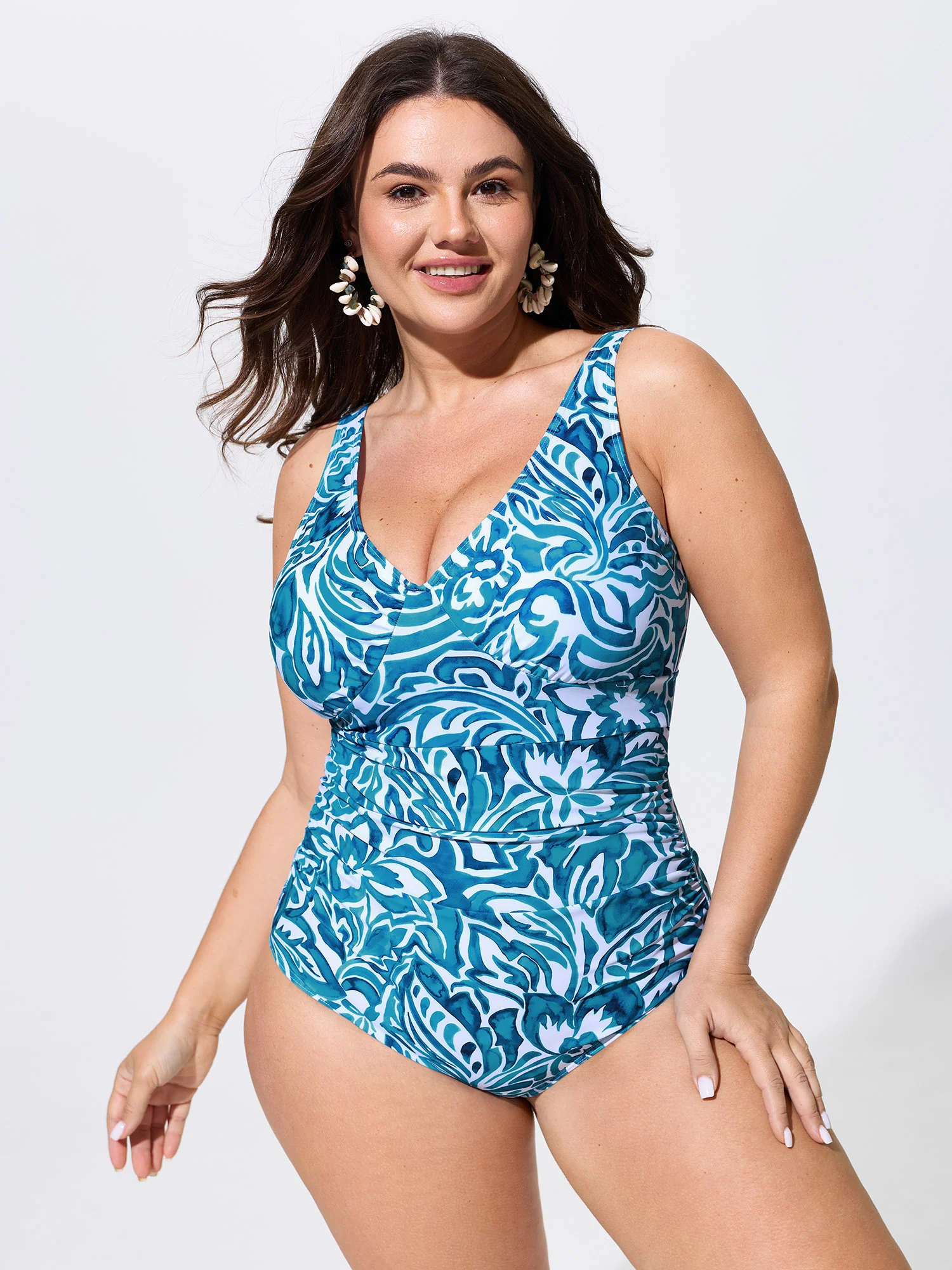 Floral Print V-Neck Ruched One-Piece Swim