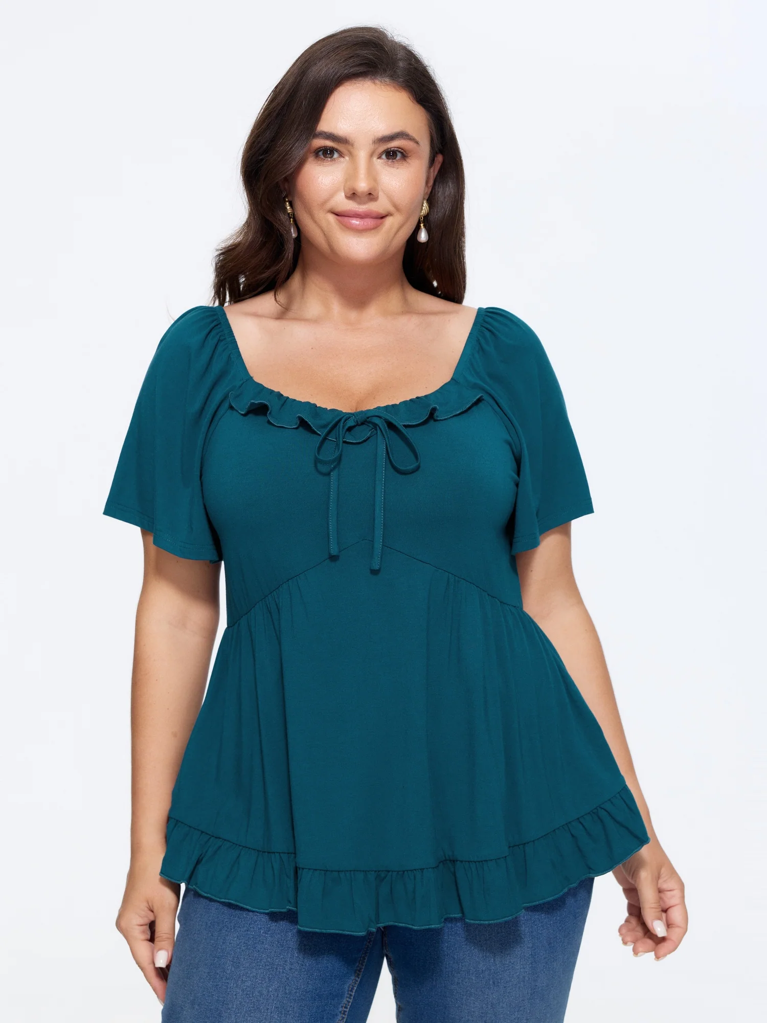 Stretchy Ruffled Edge Plain Knit Top