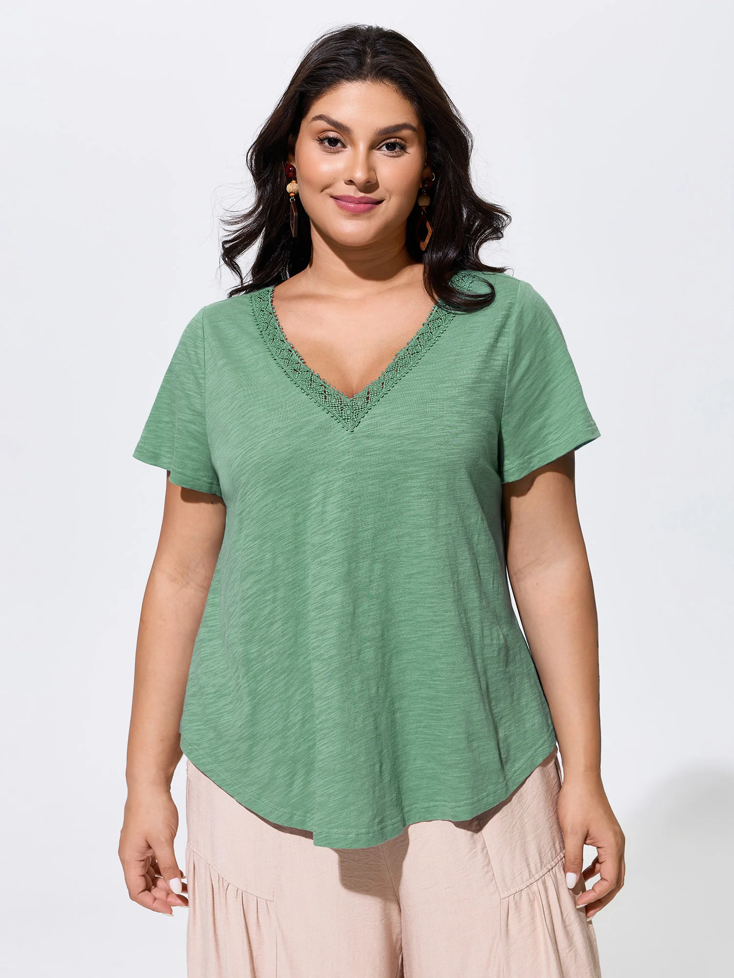 Cotton Supported Bra Stretchy V-Neck Plain T-Shirt