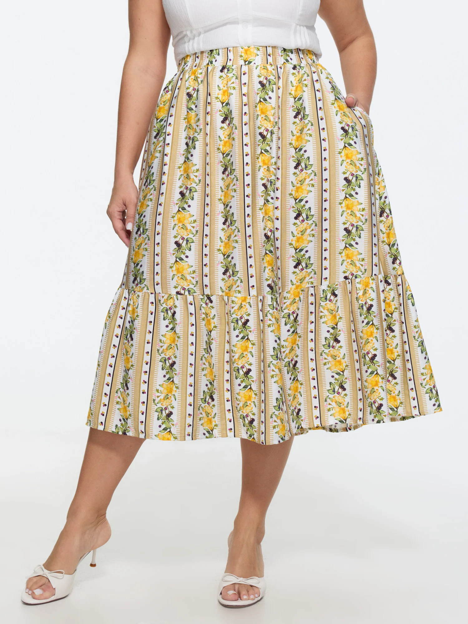 Floral Striped Print Ruffled Hem Midi Skirt