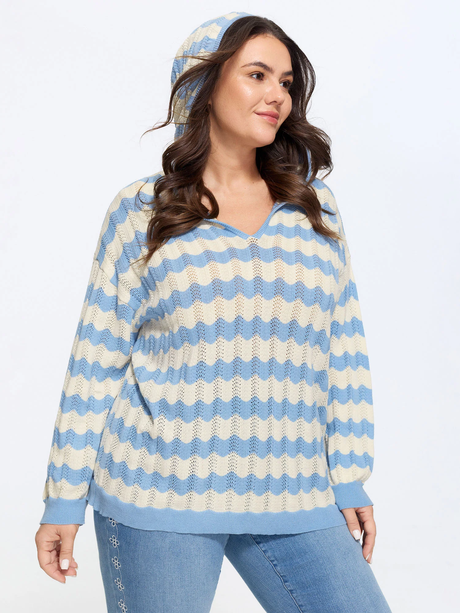 Wavy Stripe Hollow Hooded Pullover