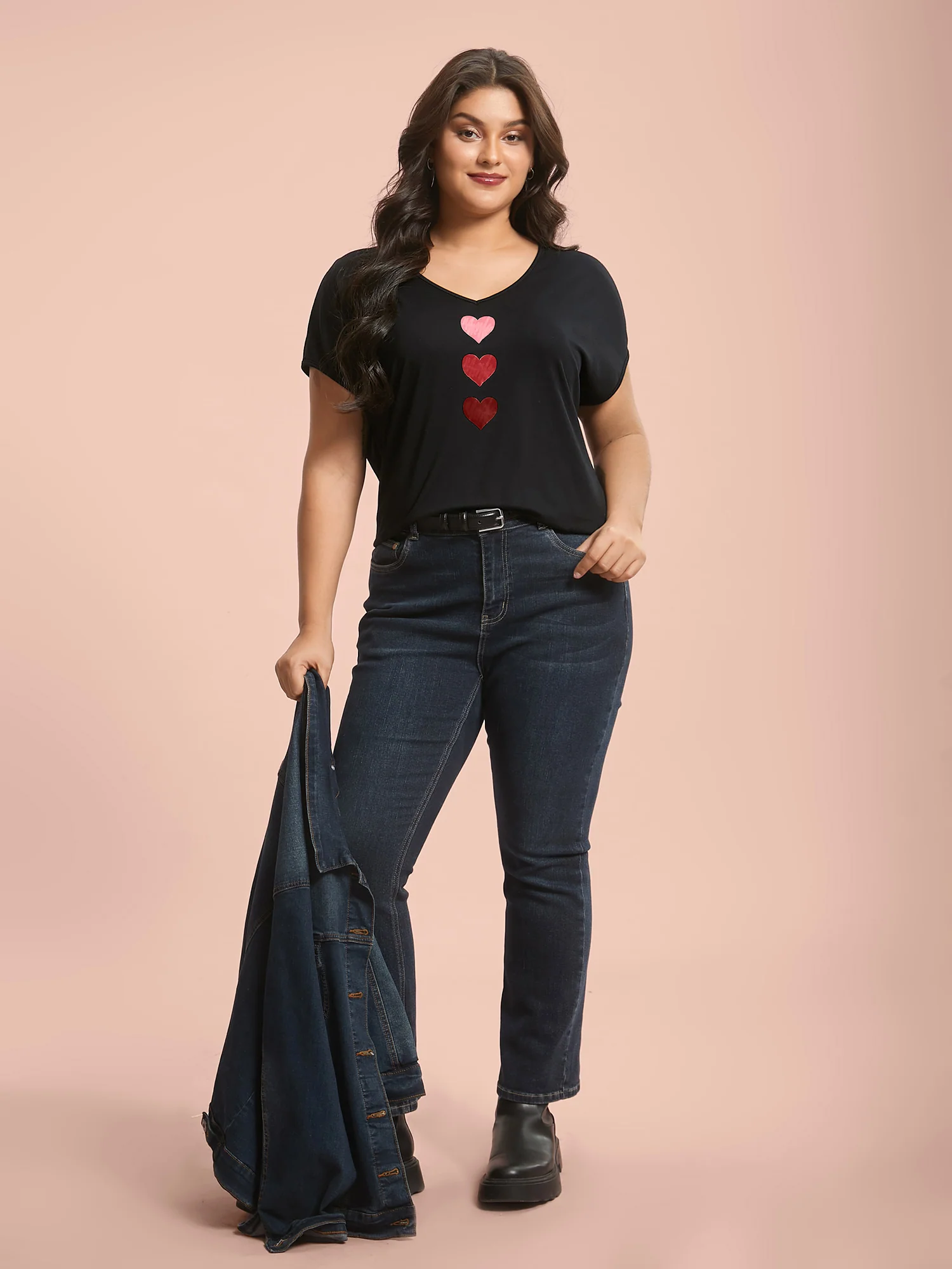 Heart Print Stretchy Dolman Sleeve T-Shirt