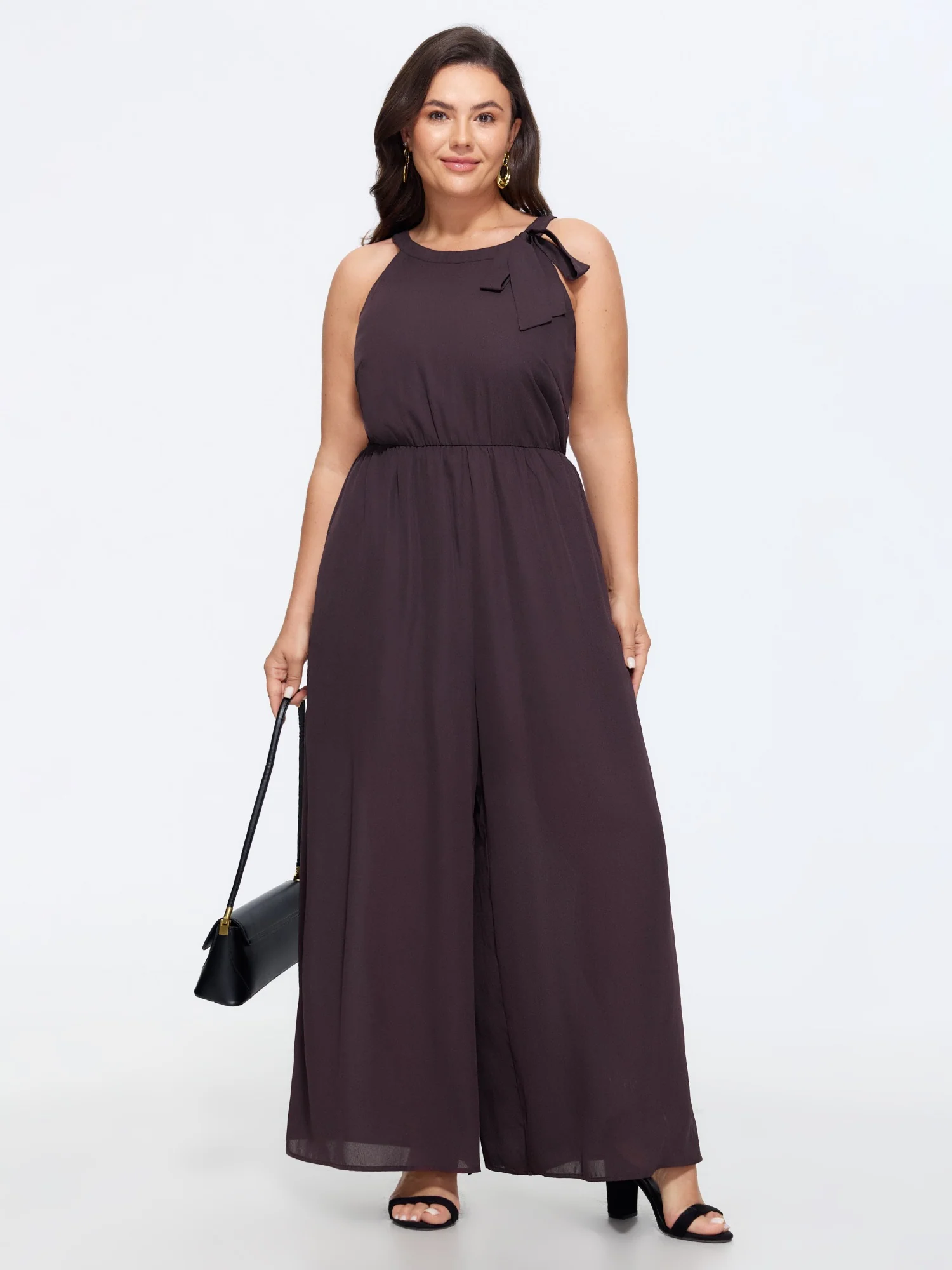 Solid Sheer Bow Halter Neck Wide Leg Jumpsuit