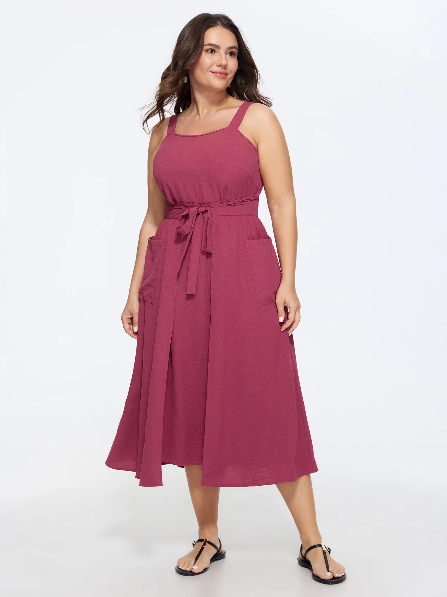 Front Split Tie Waist Pocket Midi Dress
