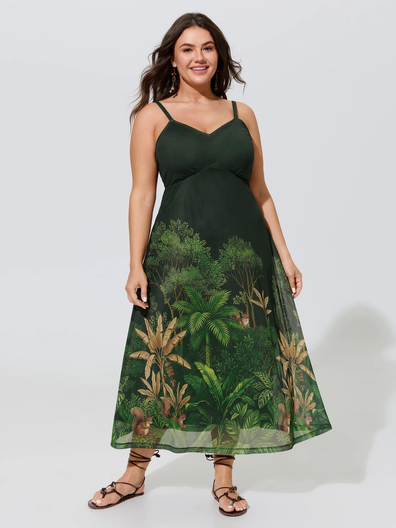Jungle Print Mesh Spaghetti Strap Midi Dress